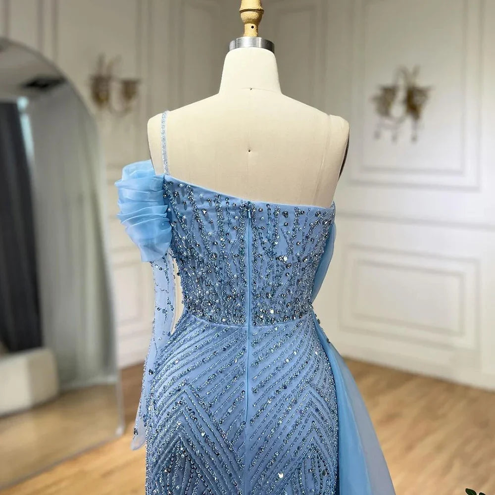 Elegant Blue Mermaid One Shoulder Evening Dress with Luxury Pearl Beading for Women - Perfect for Weddings, Parties & Special Occasions - Serene Hill Collection 2025 LA72244
