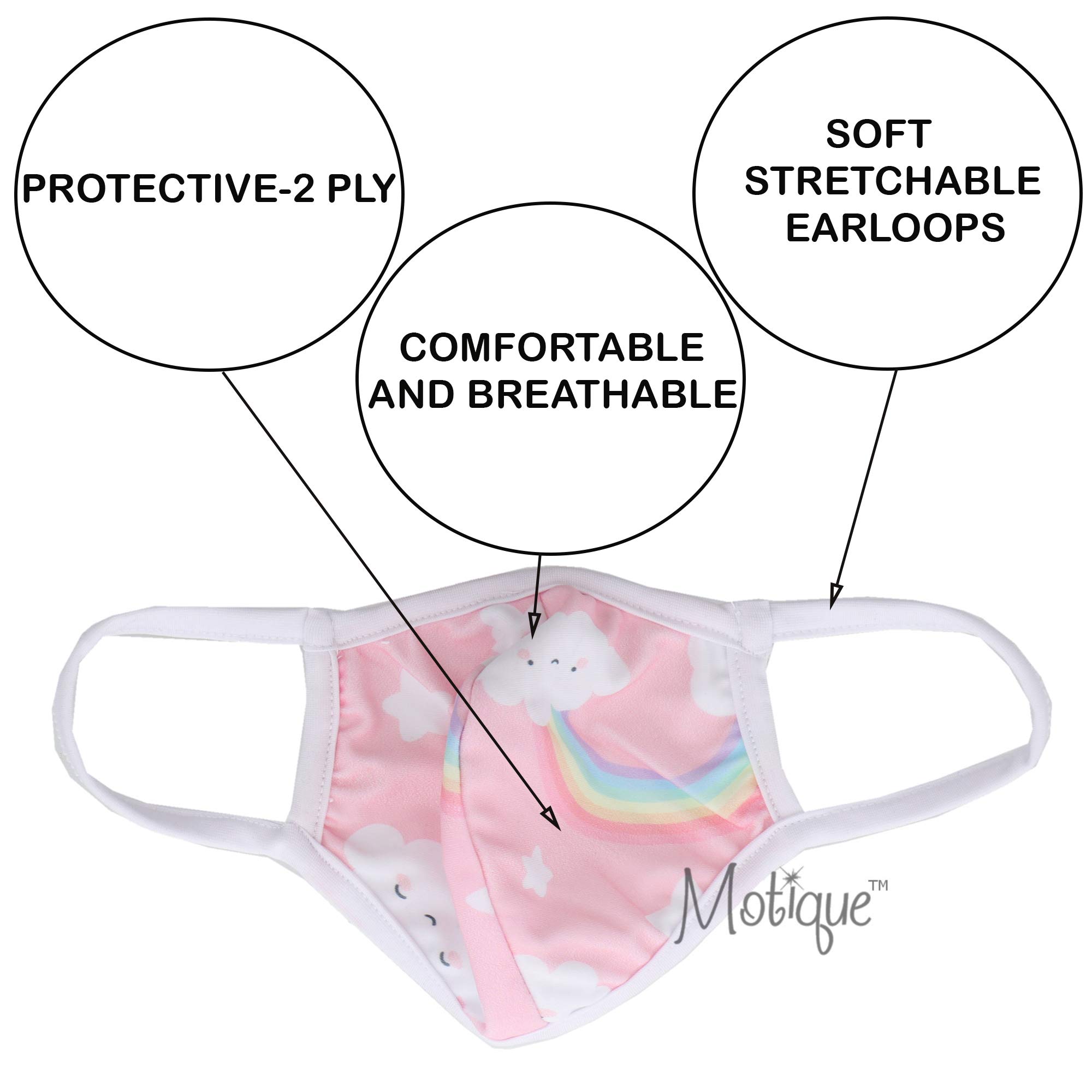 Motique Kids Washable Rainbow Face Mask 2-Ply, Pink Size 3 - Perfect for School, Playdates & Outdoor Activities