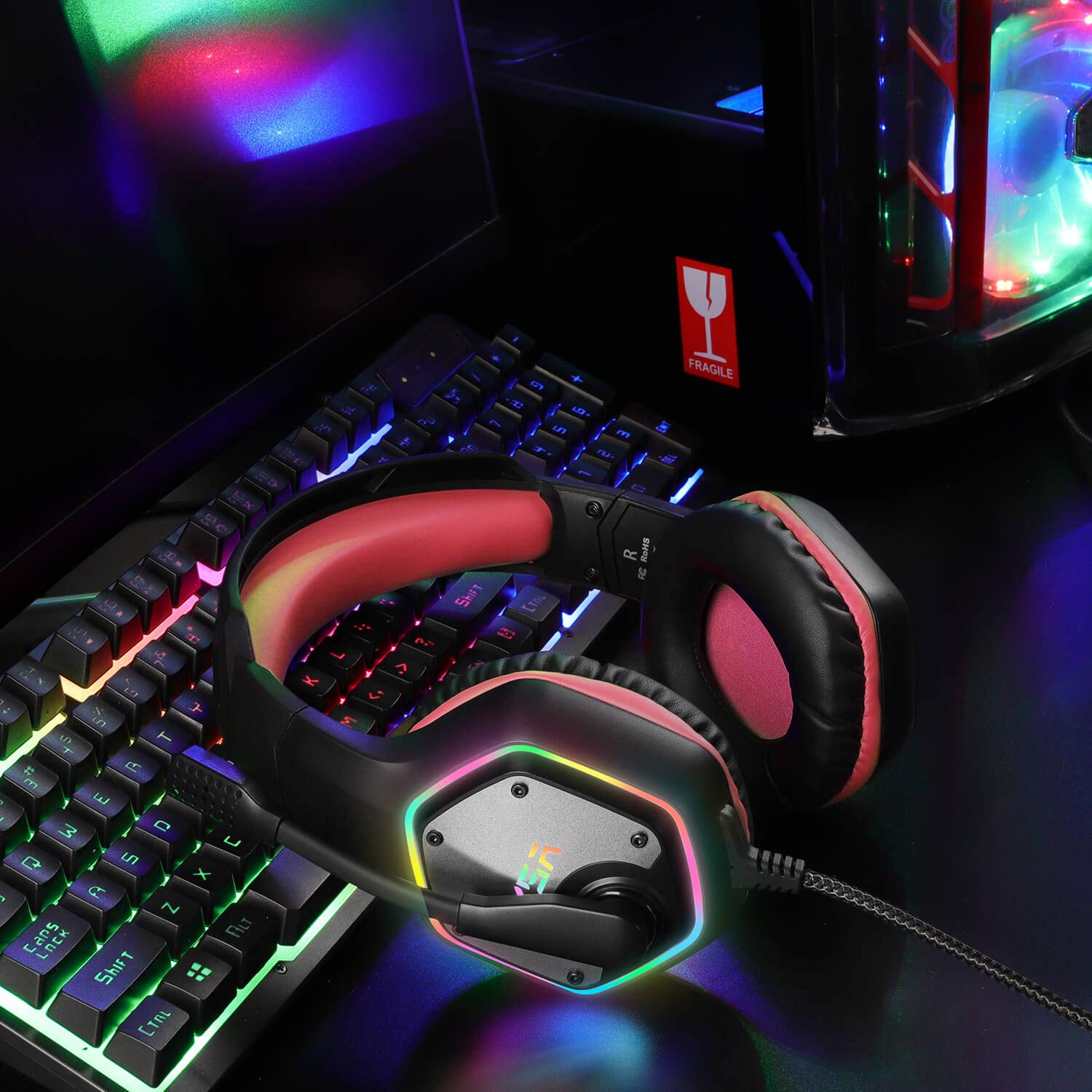 EKSA E1000 Gaming Headset with Noise Canceling Mic - 7.1 Surround Sound RGB Headphones for PC, PS4, PS5, Laptop - Perfect for Competitive Gaming & Online Streaming (Red)
