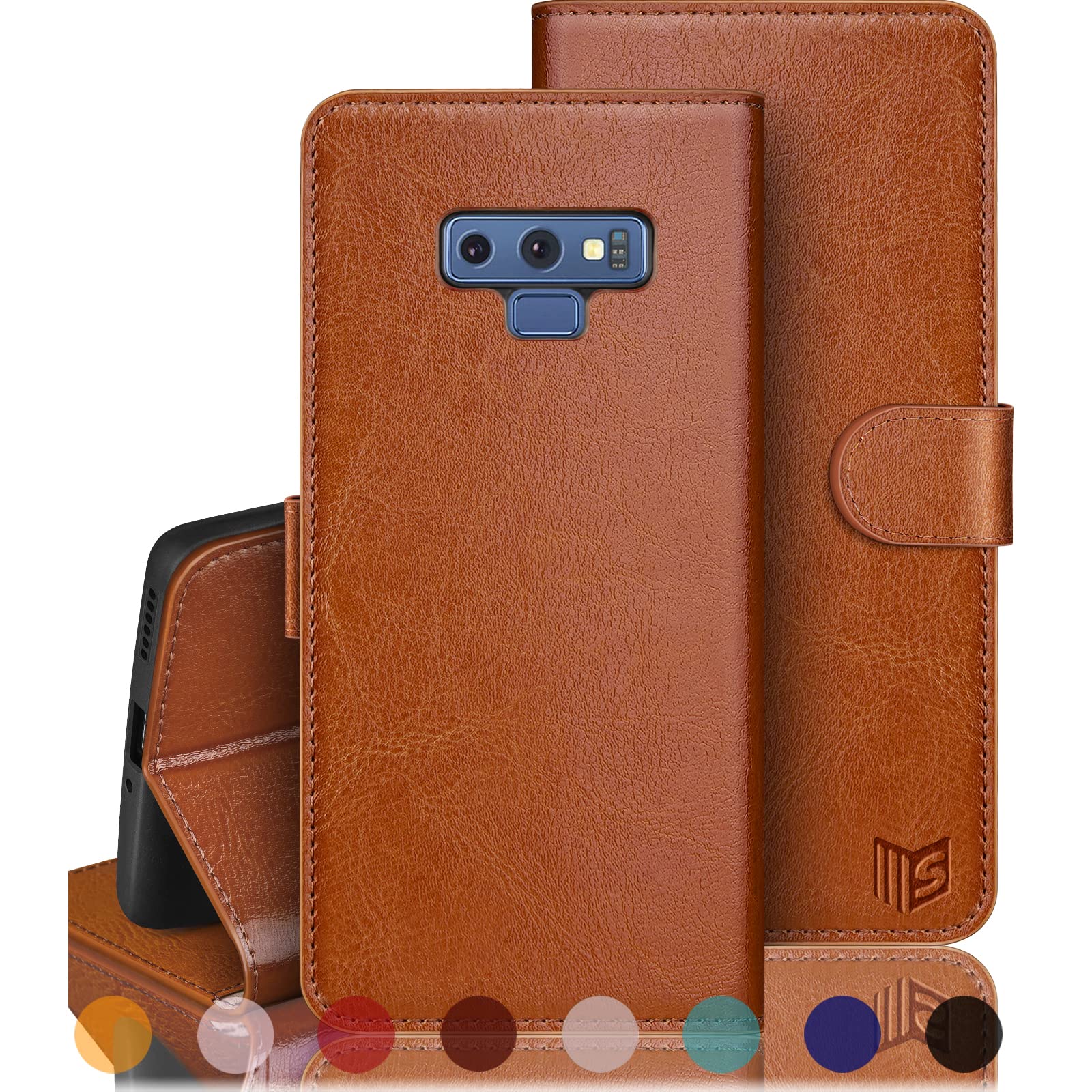 RFID Blocking Leather Wallet Case for Samsung Galaxy Note 9 - Flip Folio Book Cover with Credit Card Holder for Men & Women (Light Brown) - Perfect for Business, Travel & Everyday Protection
