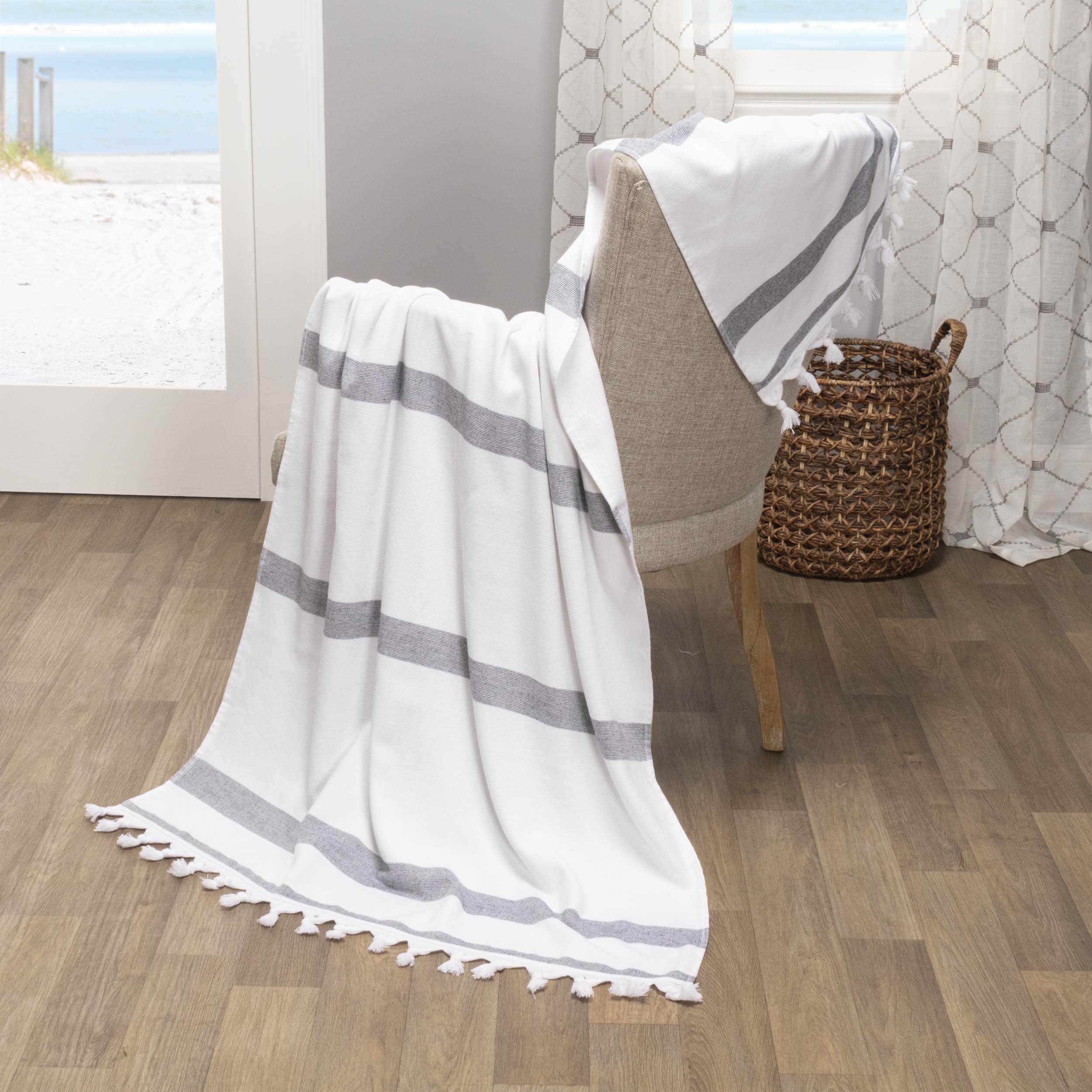 Premium Tropical Cabana Stripe Fouta 2-Piece Beach Towel Set with Tassels | Soft Quick-Dry Bath & Pool Towels for Summer Vacation, Beach Outing & Backyard Lounging