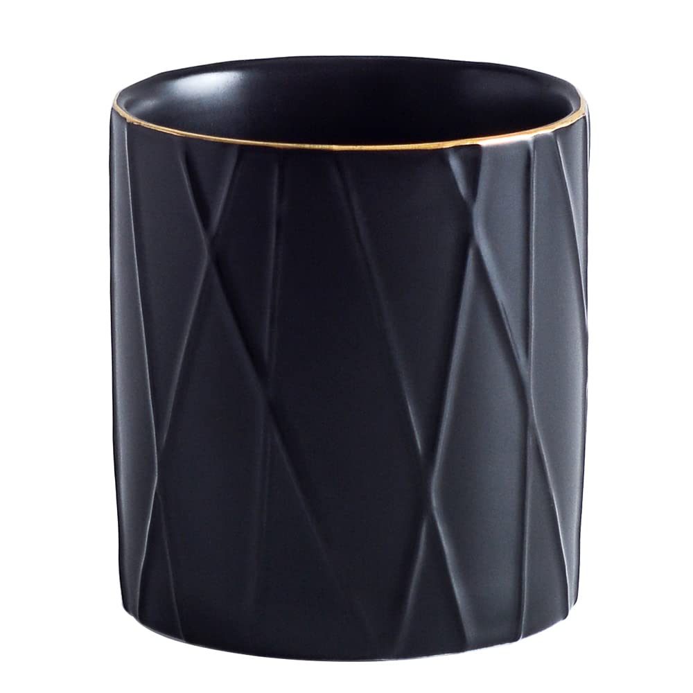 YOSCO Ceramic Irregular Round Pen Holder - Stylish Gold Line Pencil Cup & Desk Organizer for Women | Perfect for Office, Home Desk & Makeup Brush Storage (Black)