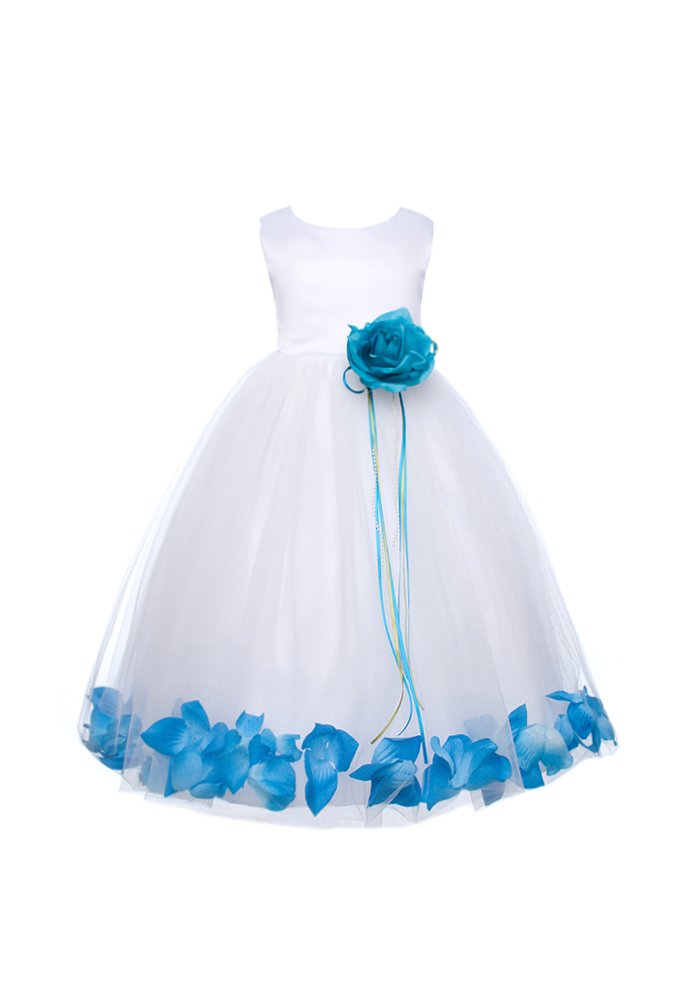 Satin Communion Flower Girl Dress - Elegant Pageant Petal Gown for Weddings & Special Occasions (White/Aqua, Size 6) | Perfect for First Communion, Baptism, Flower Girls & Pageants