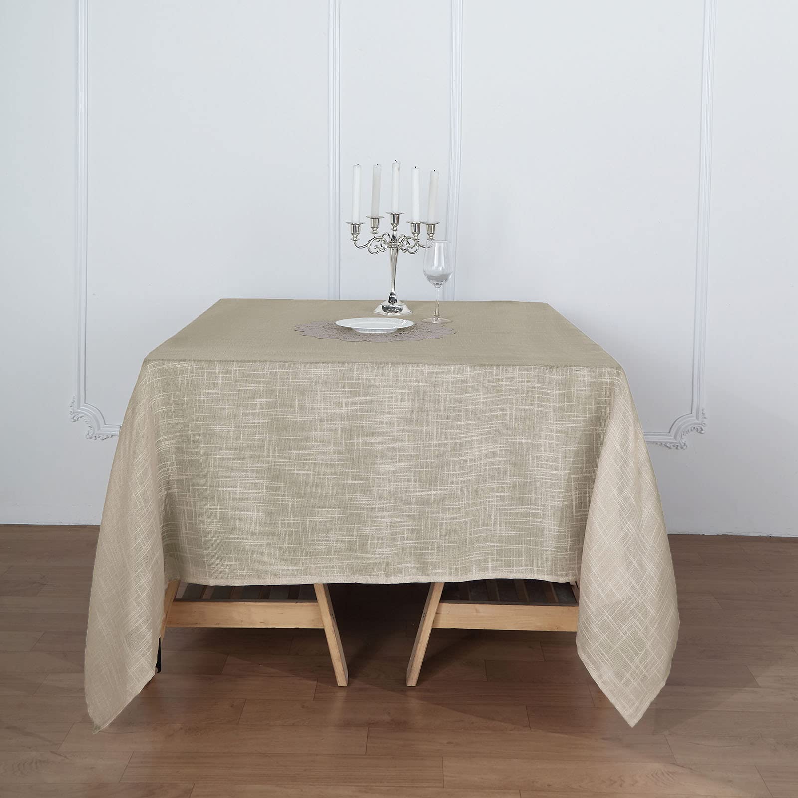Premium Faux Linen Square Tablecloth - Wrinkle Resistant Beige Slubby Textured Weave for Kitchen, Restaurant, Indoor, Outdoor & Picnic - 72