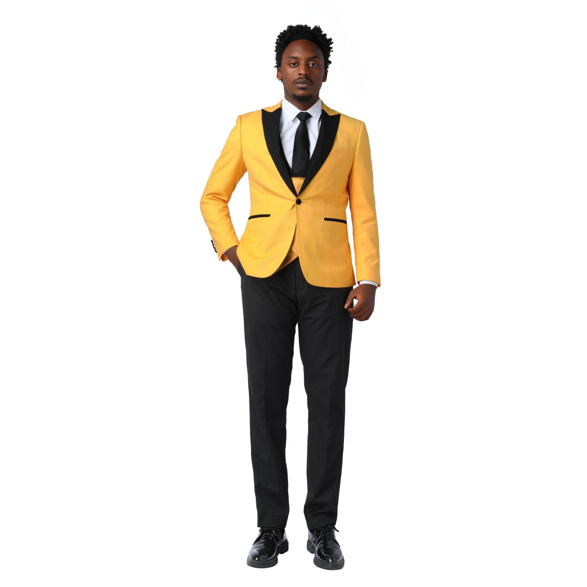 3 Piece Men's Slim Fit One Button Peaked Lapel Tuxedo Suit Set in Yellow | Formal Wedding, Prom & Business Attire | Perfect for Groomsmen, Evening Events & Special Occasions