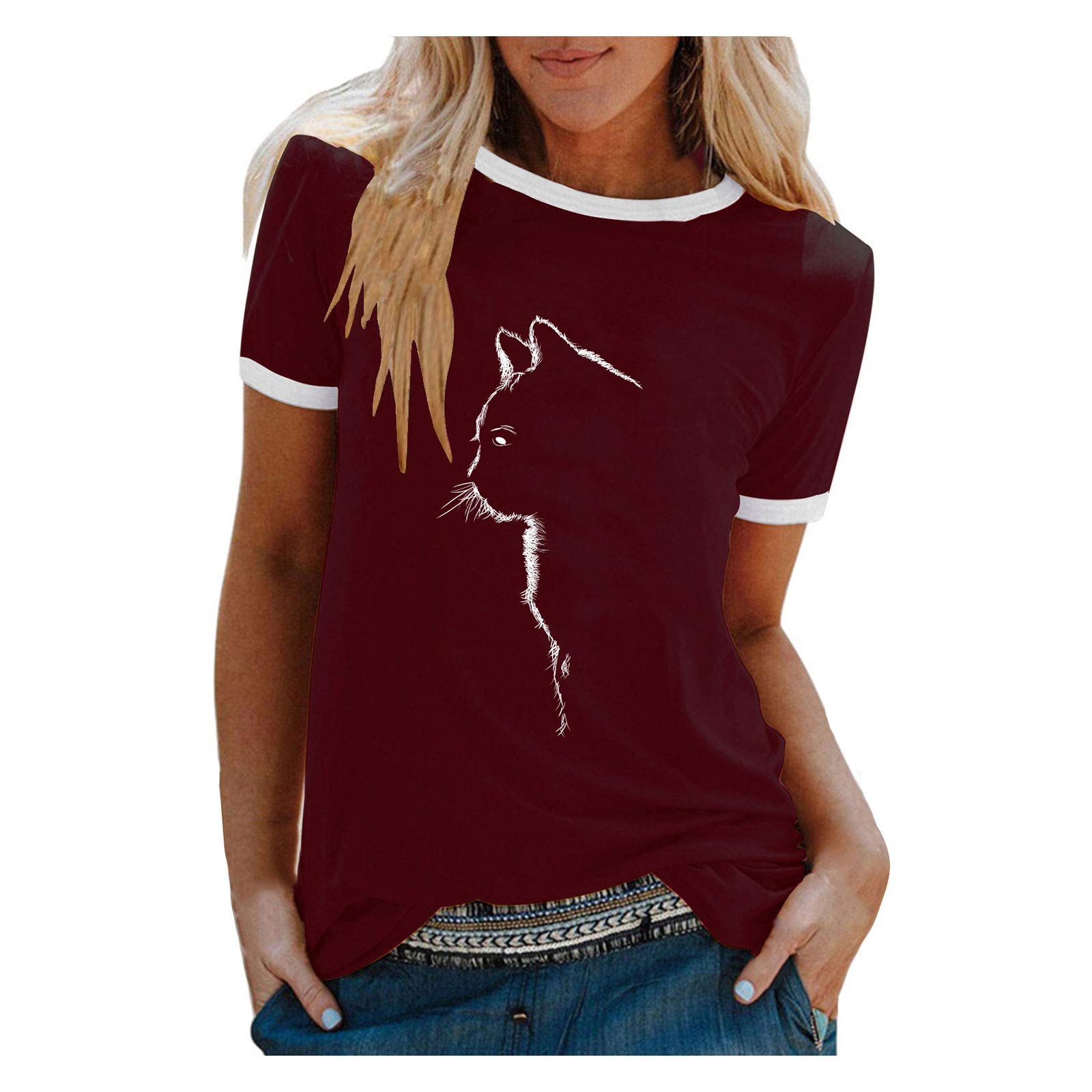 Women's Cat Print Casual Short Sleeve T-Shirt - Cute Graphic Tee for Women - Fashion Blouse & Top for Everyday Wear, Work, Dating & Weekend Outfits