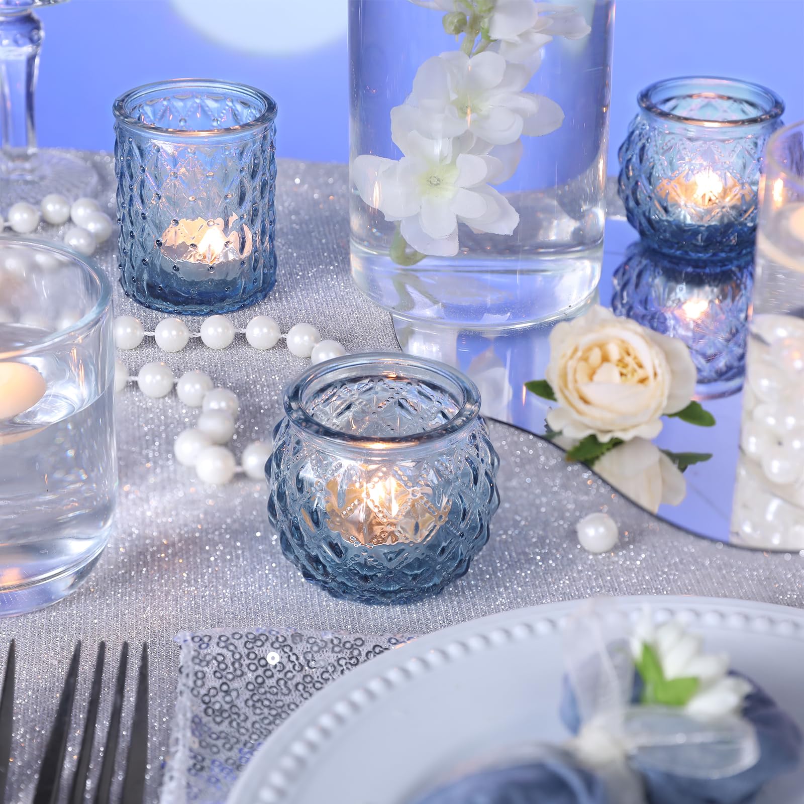 36-Piece Blue Glass Votive Candle Holders Set - Round Tea Light Holders Bulk for Wedding, Party & Home Decor - Perfect for Centerpieces, Table Settings, Romantic Ambiance & Gift Giving