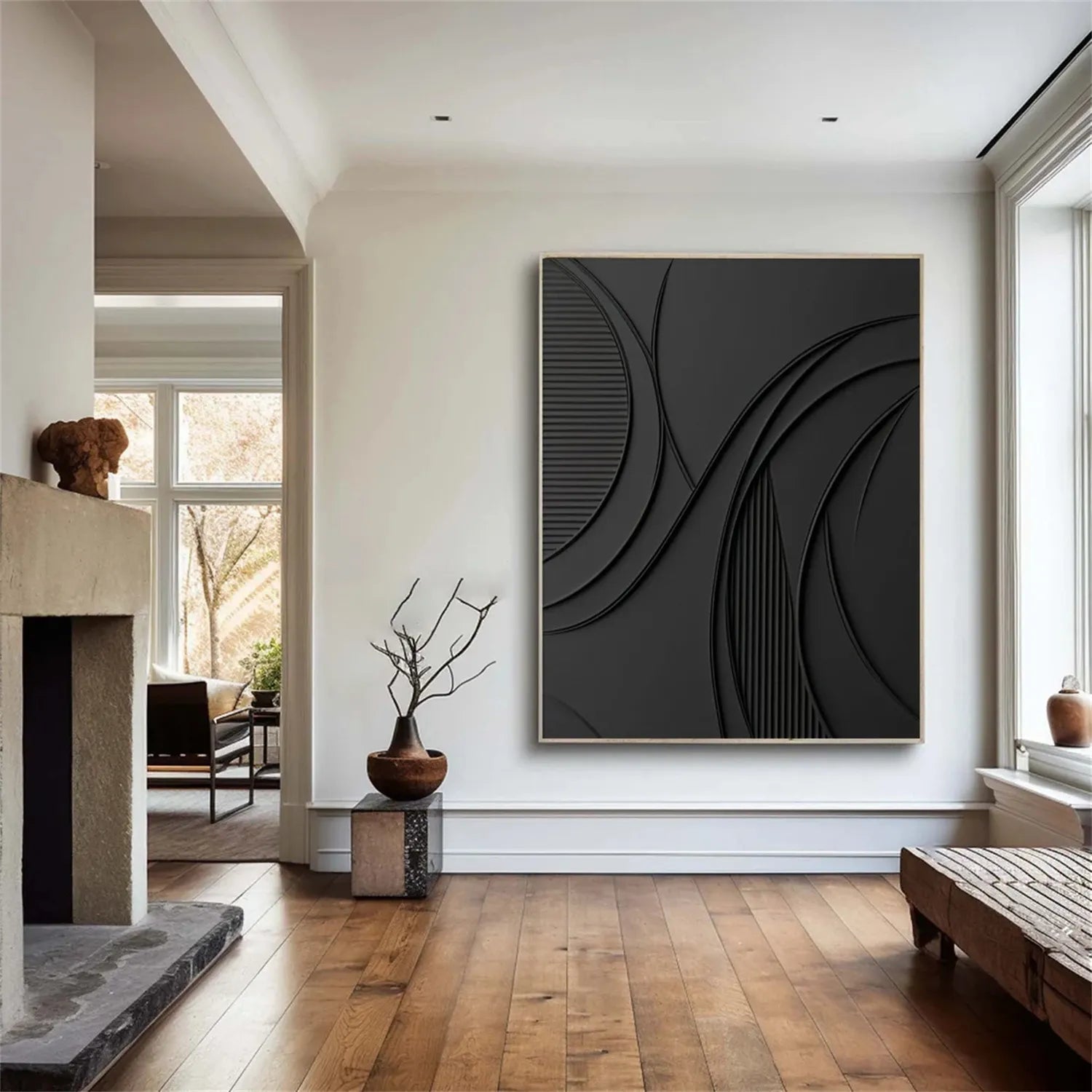 Black Minimalist Textured Painting Canvas Wall Art - Modern Abstract Home Decor for Living Room, Bedroom & Office - Premium Quality Stretched Canvas #MZ126