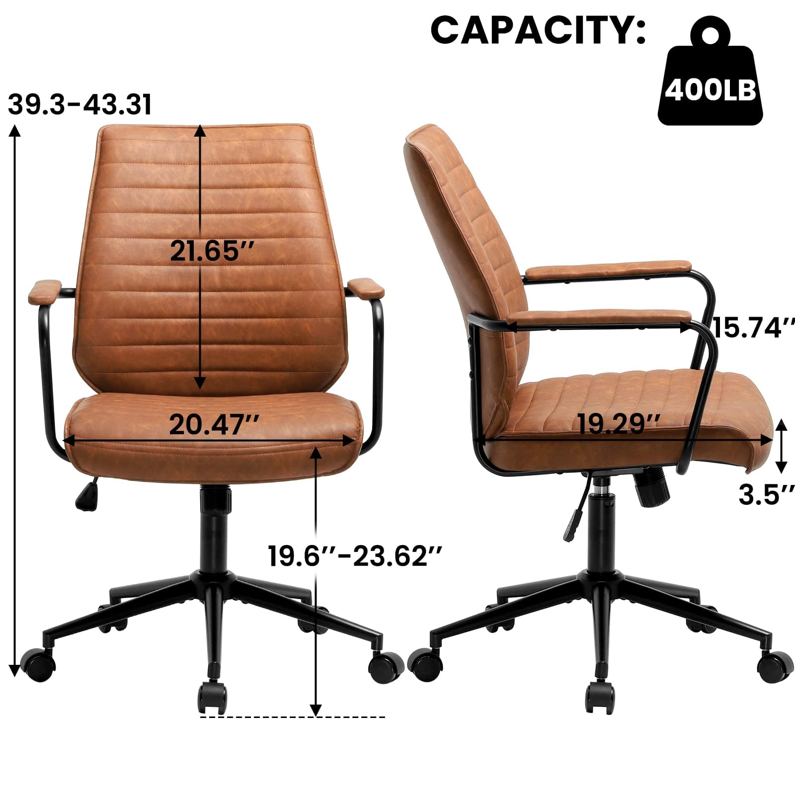 Premium Brown Executive Office Chair - Adjustable Leather Mid Back Swivel Desk Chair with Padded Armrests - 400lbs Weight Capacity - Ergonomic Computer Chair for Home Office, Conference Room & Workspace - Ideal for Professionals & Long Work Sessions