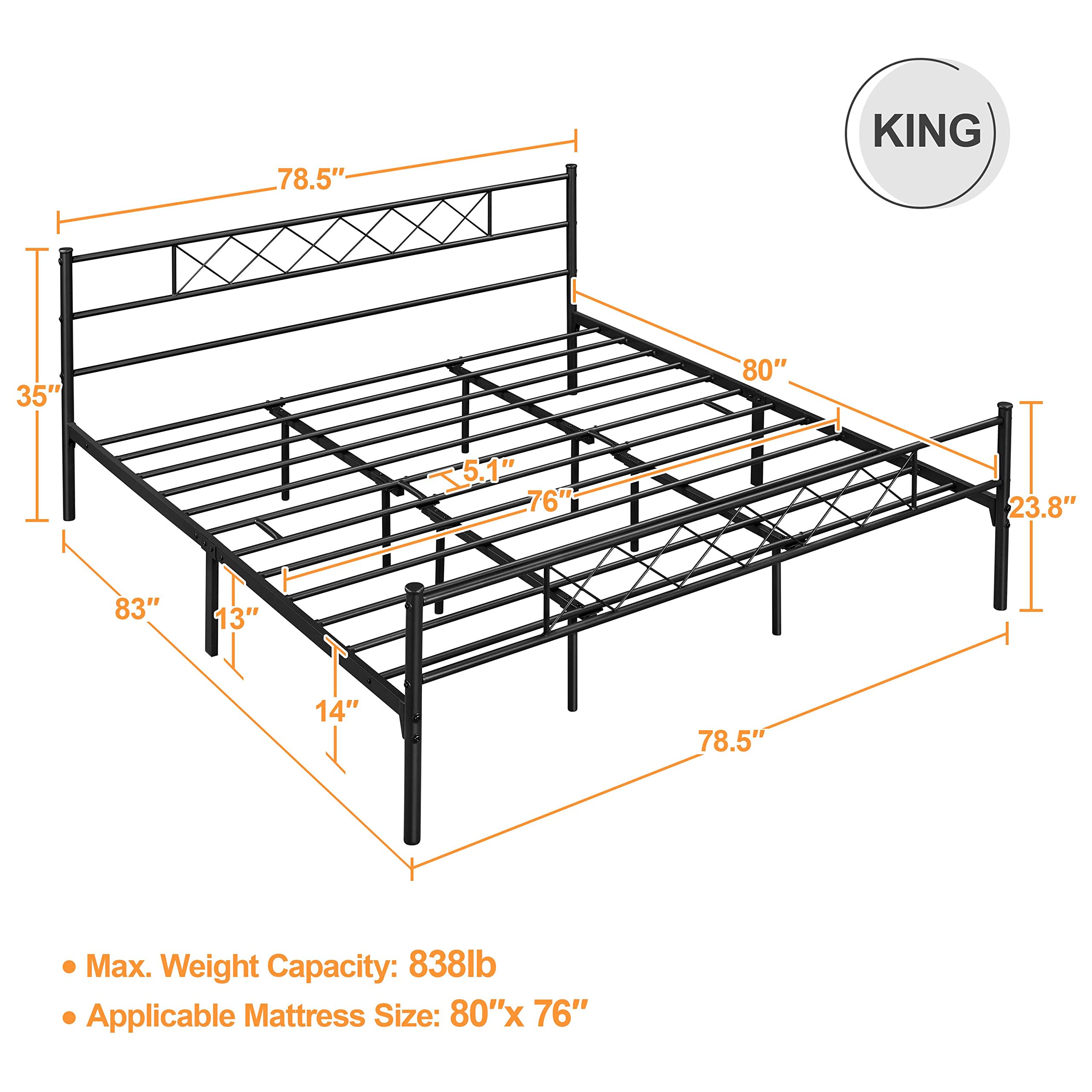 Yaheetech King Size Metal Bed Frame with Headboard and Footboard - Sturdy Mattress Foundation with Under Bed Storage Space in Black - Perfect for Master Bedroom, Guest Room, and Dormitory