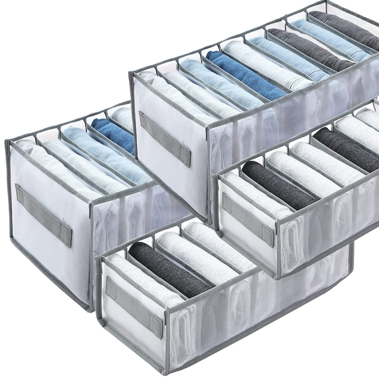 9 Grids Upgraded Washable Closet Organizer & Storage Box - Foldable Mesh Drawer Divider for Jeans, Shirts, Leggings (Grey, 4Pcs) | Perfect for Closet Organization, Underbed Storage & Travel Packing