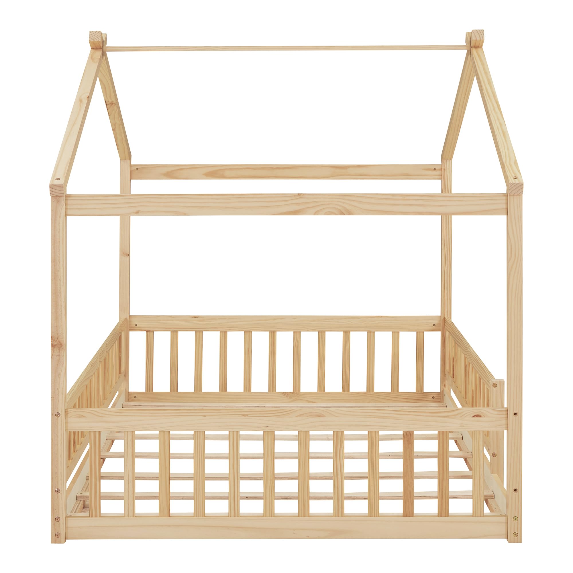 Montessori Floor Bed for Kids - Full Size Wood House Bed Frame with Safety Fence | Natural Wood Playhouse Bed | Toddler Floor Bed for Safe Sleep & Playtime Fun