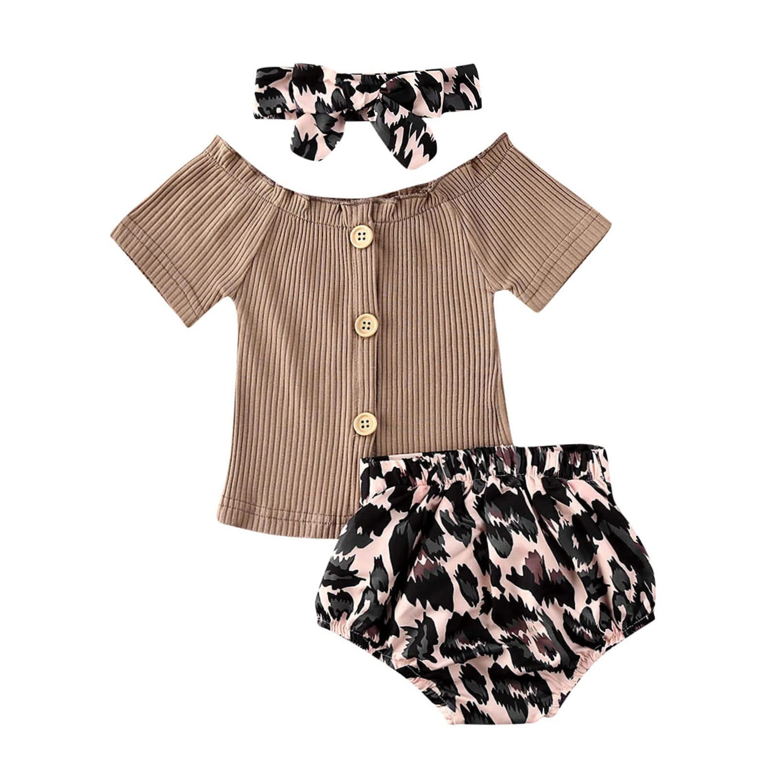 Newborn Baby Girl Outfit - Off Shoulder Top + Leopard Print Shorts + Bow Headband Set | Cute Summer Outfits for Newborns, Photo Shoots, Birthday Parties & Family Gatherings