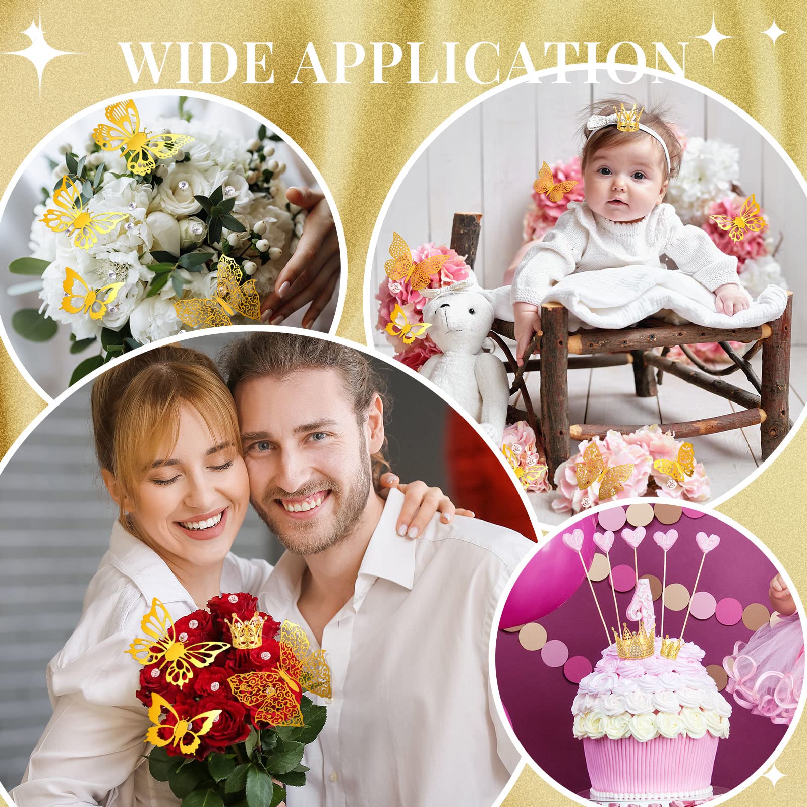 Estune 202-Piece Floral Bouquet Accessory Kit - 6 Mini Gold Crowns, 96 3D Gold Butterflies & 100 Diamond Flower Pins for Wedding, Birthday Party & Cake Decorations | DIY Floral Arrangement Supplies for Centerpieces, Gift Wrapping & Craft Projects