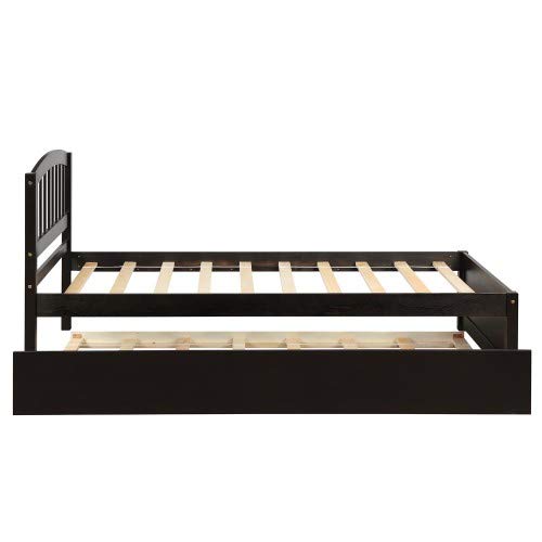 Platform Twin Bed Frame with Storage, Trundle & Headboard - Espresso Wood | Space-Saving Bed for Kids, Guest Rooms & Small Apartments