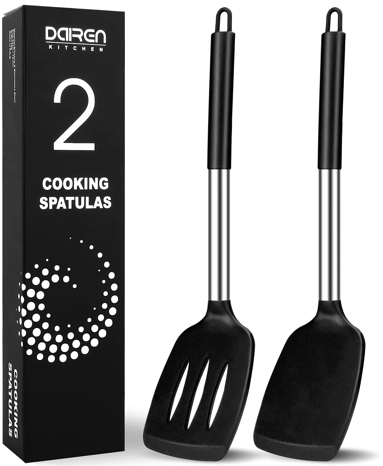 2 Pack Silicone Spatulas Turners - BPA Free Stainless Steel Cooking Utensils Set - Heat Resistant & Non-Stick Kitchen Tools for Flipping Fish, Eggs, Pancakes & Stir-Fry - Perfect for Woks, Pans & Everyday Cooking