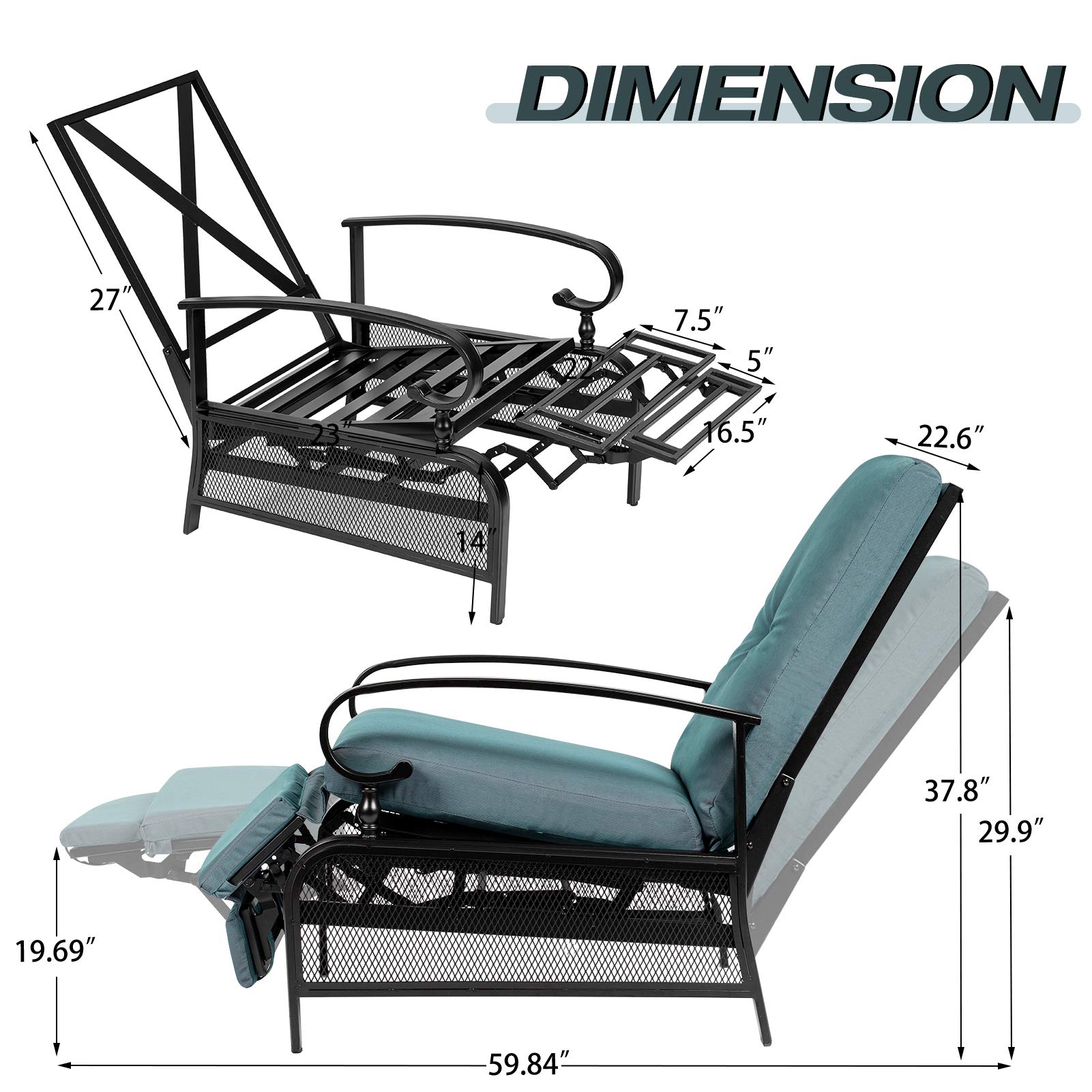 Oakcloud Adjustable Outdoor Lounge Chair - Patio Recliner with Removable Cushions (Peacock Blue) - Perfect for Poolside, Backyard Relaxation & Sunbathing