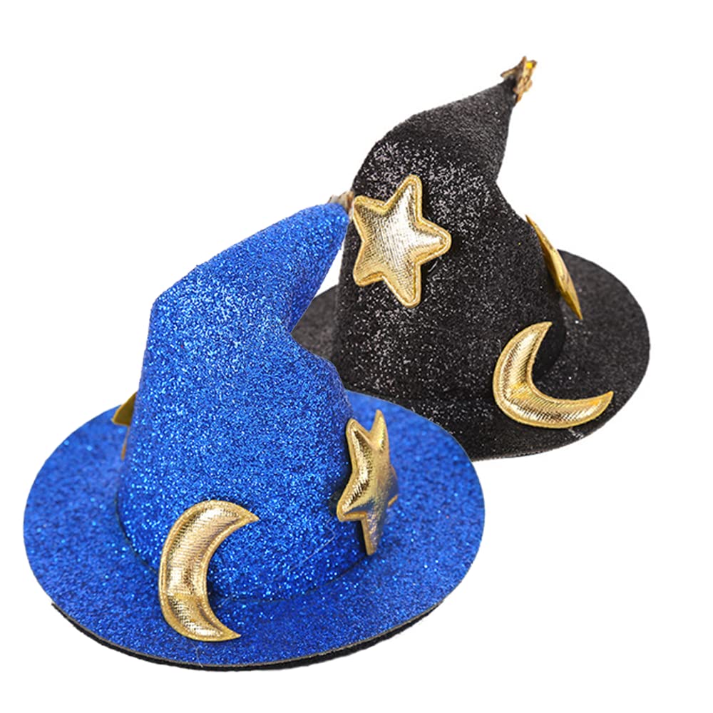 2Pcs Mini Top Hat Hair Clips - Shining Star & Moon Halloween Witch Hat Hairpins, Hair Barrettes for Women & Girls - Perfect for Party, Performance, Cosplay & Witch Costume Accessories (Blue & Black)