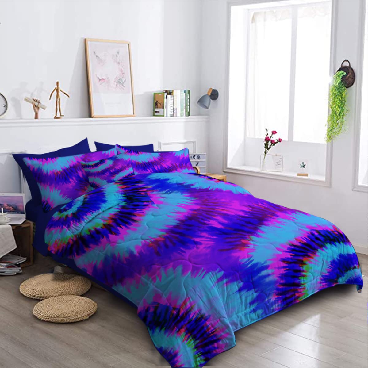 BlessLiving Artsy Tie Dye 8-Piece Queen Comforter Set - Purple Pink Blue Boho Bedding with Comforter, Sheets, Pillowcases, Shams & Cushion Cover | Perfect for Teen Girls' Rooms, Dorm Decor & Bohemian Bedroom Style