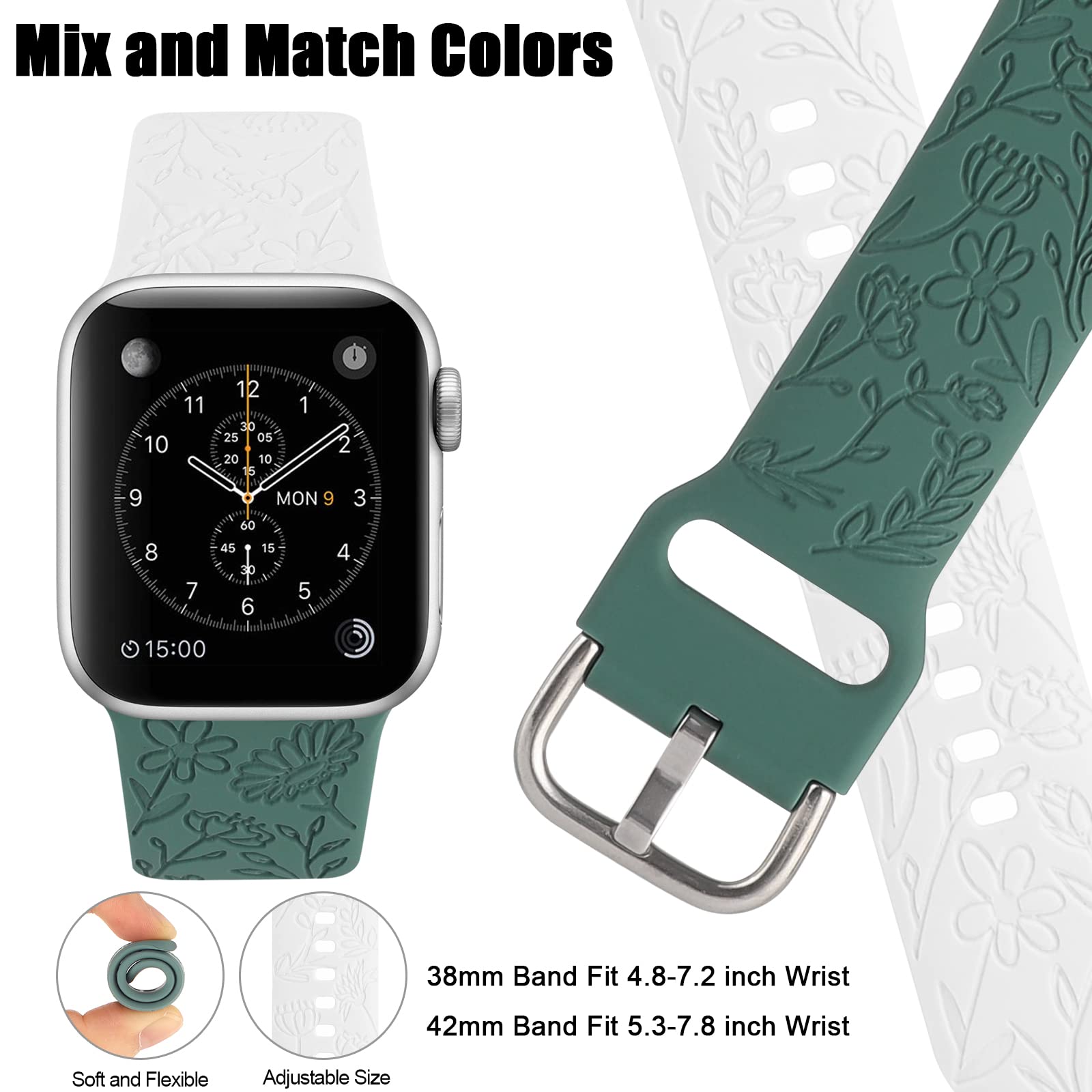 2 Pack Floral Engraved Sport Strap - Compatible with Apple Watch 38mm 40mm 41mm, Soft Silicone Replacement Band for iWatch Series 8/7/6/5/4/3/2/1/SE - Women's Fashion Wristband for Workout, Running & Daily Wear