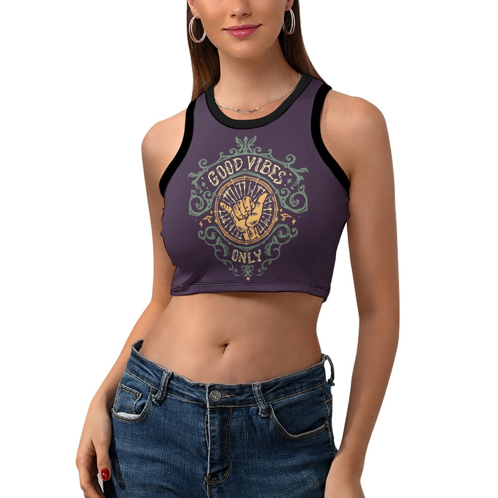 Good Vibes Only Cropped Slim Racerback Tank Top for Women - Yoga, Gym & Summer Workout Wear