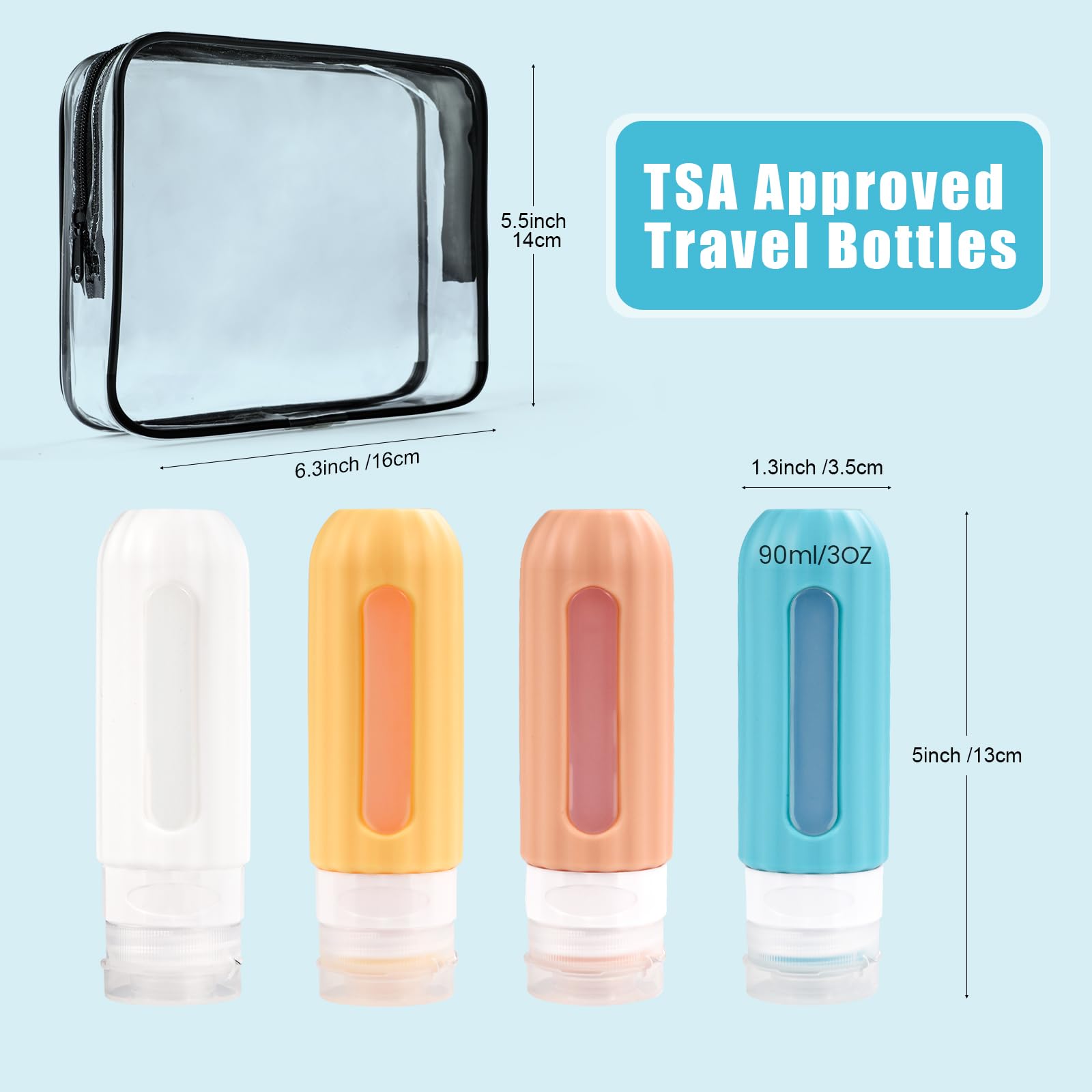TSA Approved Reusable Silicone Travel Bottles - Leak Proof 3 oz Refillable Toiletry Containers for Shampoo & Conditioner | Perfect for Air Travel, Gym & Vacation Essentials