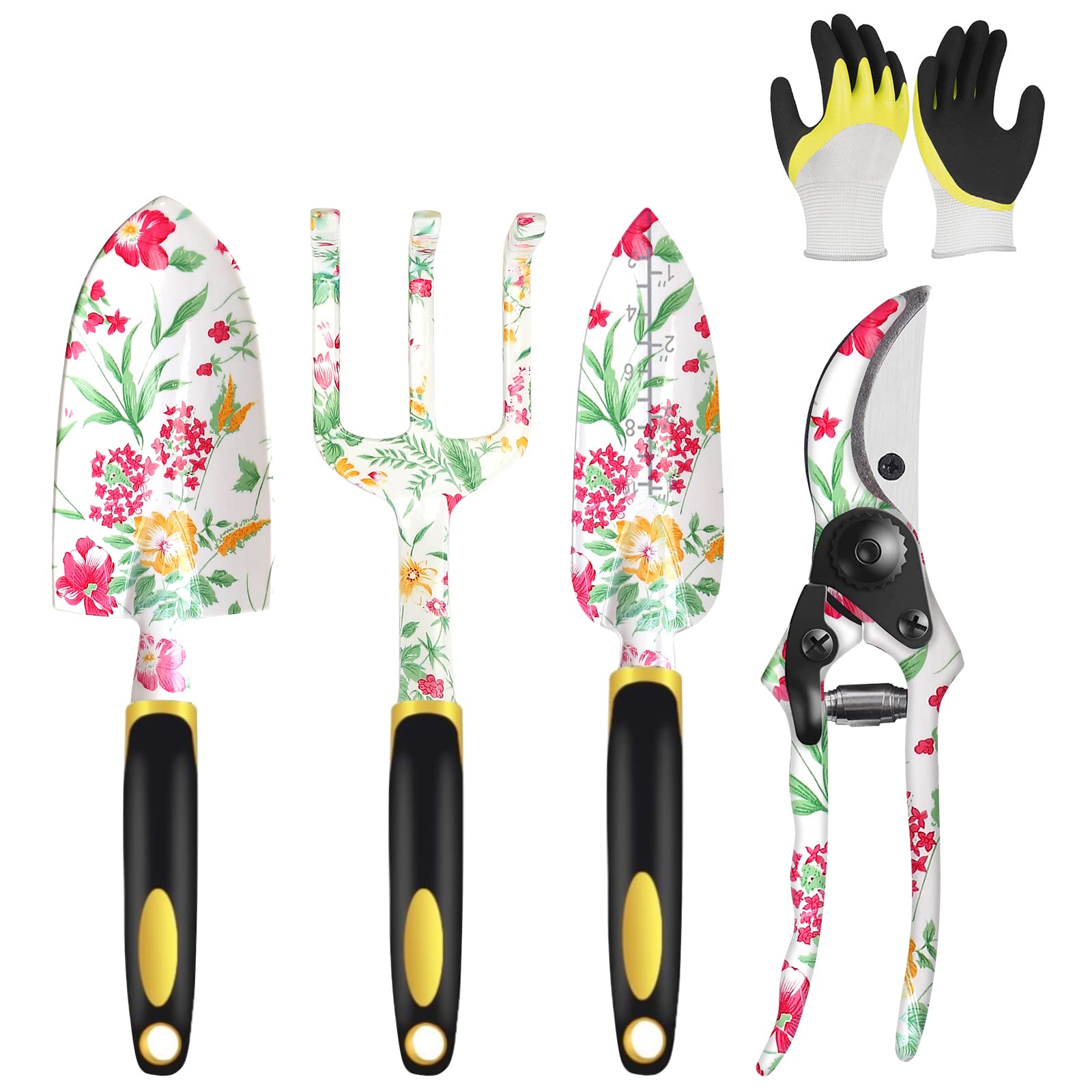 Premium 5-Piece Aluminum Alloy Garden Tools Set - Hand Rake, Weeder, Trowel, Pruning Shears & Gloves for Outdoor Gardening, Landscaping & Yard Work - Durable Gardening Essentials for Planting, Weeding & Soil Care