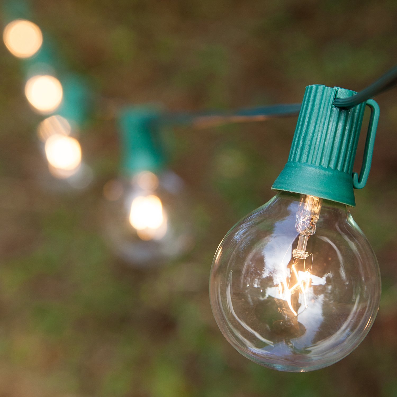 Clear G50 Outdoor Patio String Lights with 25 Glass Globes on 25ft Green Wire - E17 Base Bulb for Backyard, Garden, Deck & Wedding Decor