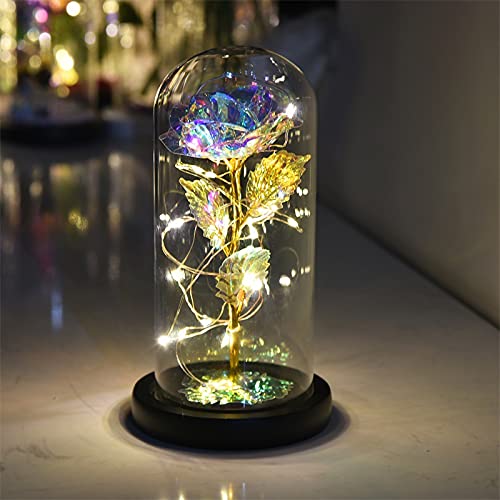 BYBYCD Artificial Rose Flower with Glass Dome & LED Lights - Eternal Rose Gift for Mom, Valentine's Day, Birthday - Multicolor Home Decor for Living Room, Wedding Centerpiece, Romantic Gift Box