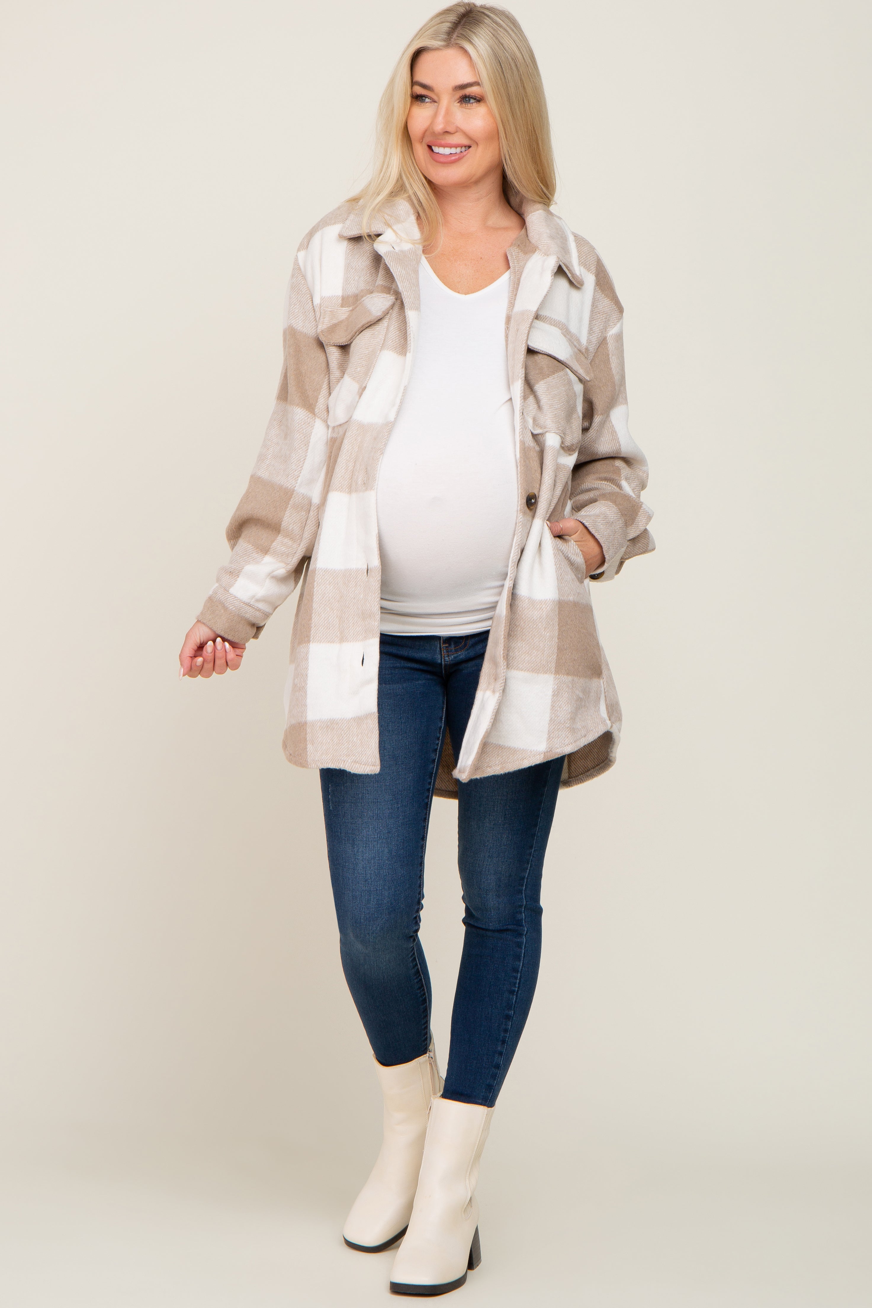 Soft Beige Plaid Brushed Long Maternity Shacket - Cozy Winter Overshirt for Pregnant Women | Perfect for Casual Outings & Layered Outfits