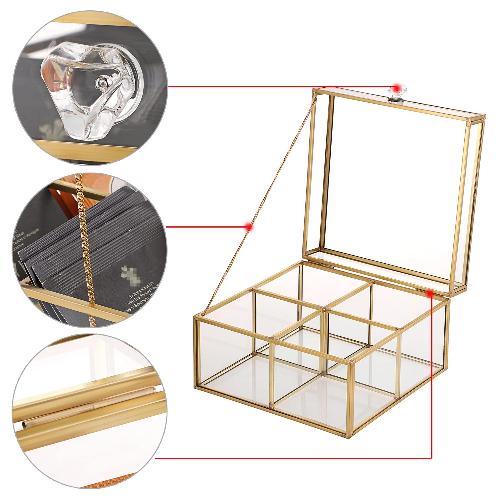 ELLDOO Gold Glass Tea Bags Storage Box with Lid - 4 Compartment Jewelry Organizer for Makeup Sponges, Sugar Packets, Rings & Earrings - Elegant Countertop Display for Bathroom Vanity or Dressing Table