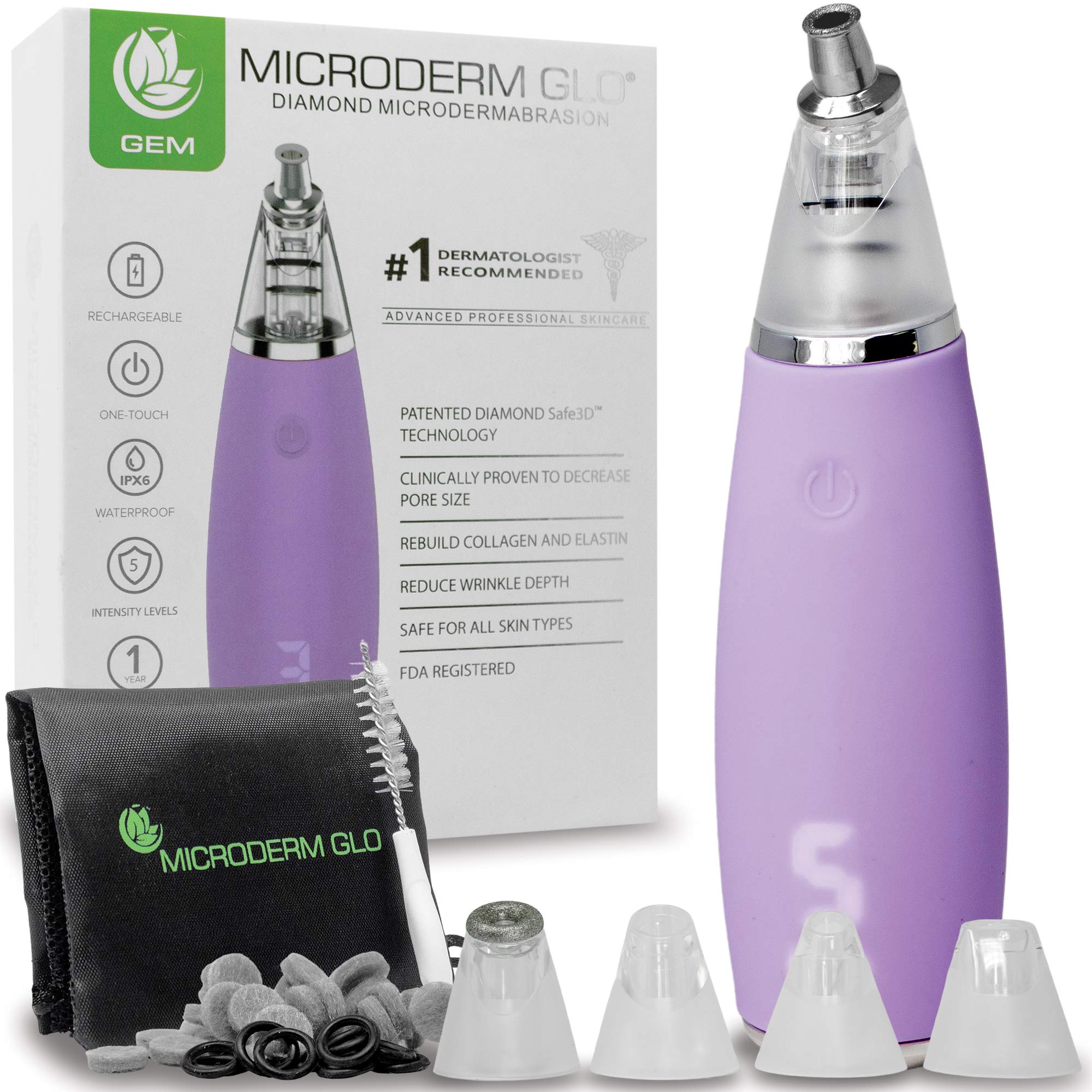 Microderm GLO GEM Diamond Microdermabrasion & Suction Tool - Professional Blackhead Remover Pore Vacuum for Deep Cleansing - Anti-Aging Facial Treatment Machine Boosts Collagen & Reduces Acne Scars (Purple) - Perfect for At-Home Spa & Skincare Routine
