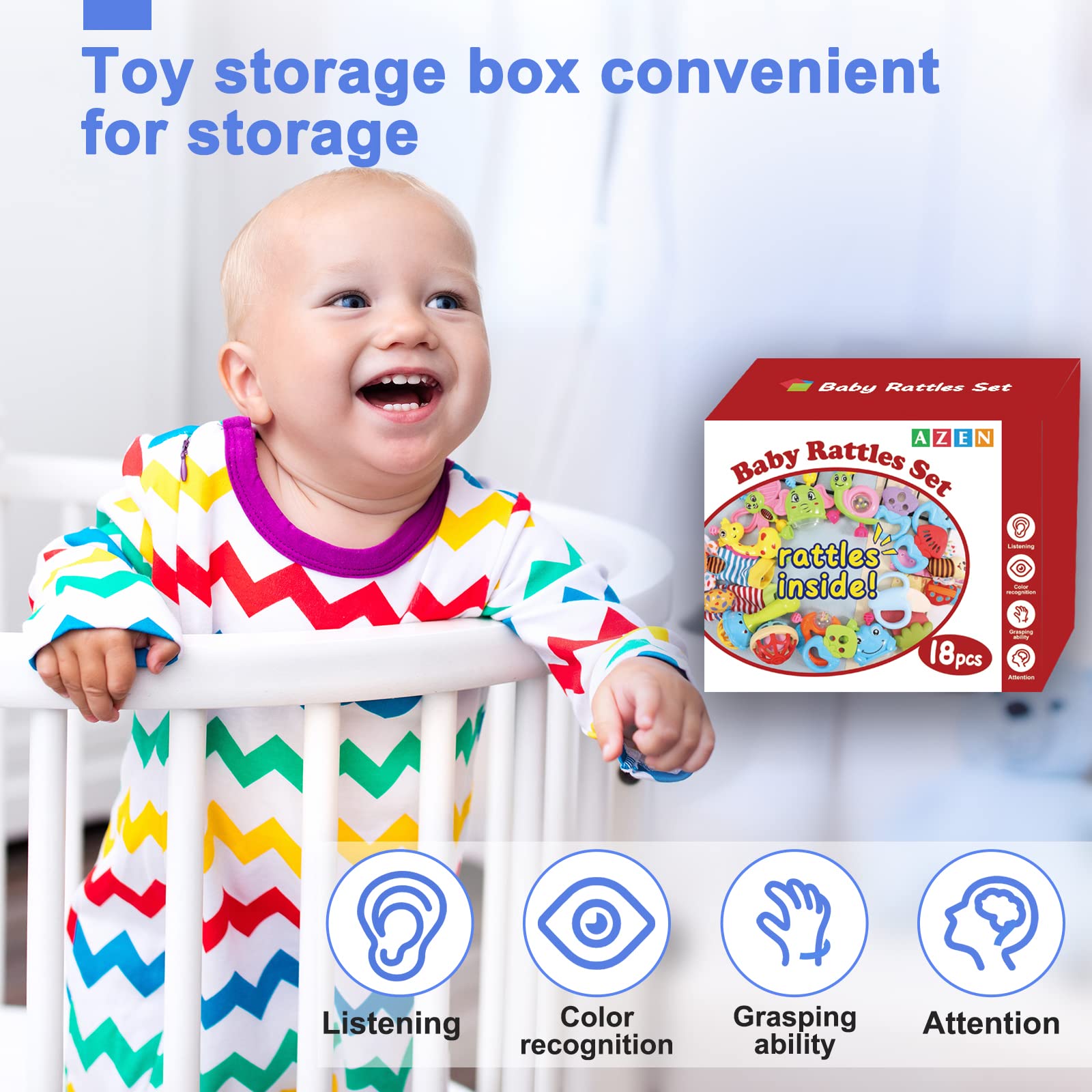 AZEN 18Pcs Baby Toys Set for 0-12 Months - Soft Infant Rattles, Teethers & Sensory Toys for Newborns - Perfect Baby Shower Gift for Boys & Girls - Great for Playtime, Learning & Early Development