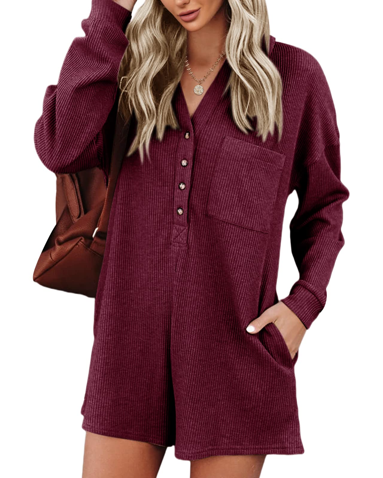 Saodimallsu Women's V-Neck Button Romper - Casual Waffle Knit Short Sleeve Playsuit with Pocket | Summer Outfit, Beach Wear, Lounge & Vacation One-Piece Jumpsuit