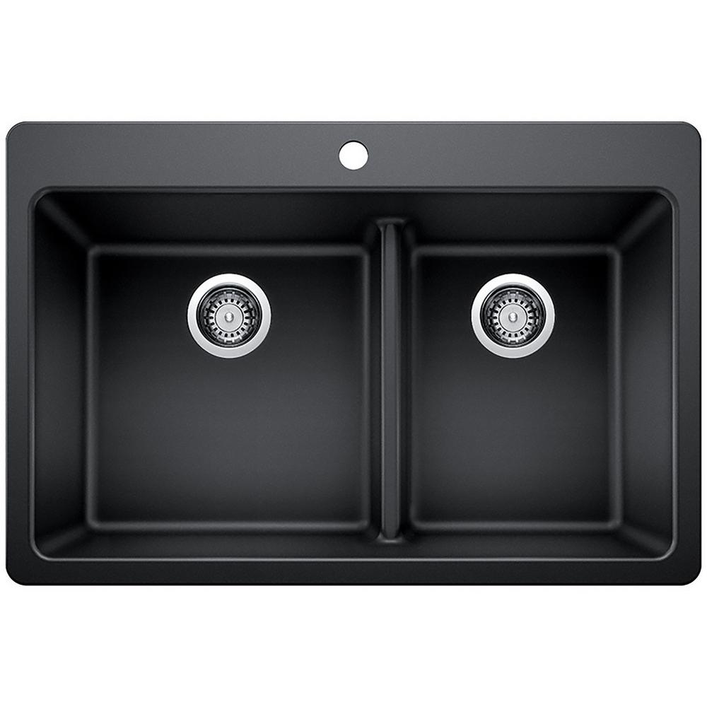 Glacier Bay 33-Inch Black Granite Composite Double Bowl Kitchen Sink - Drop-in/Undermount, 60/40 Low Divide, 1-Hole Faucet - Perfect for Modern Kitchens & Busy Home Chefs