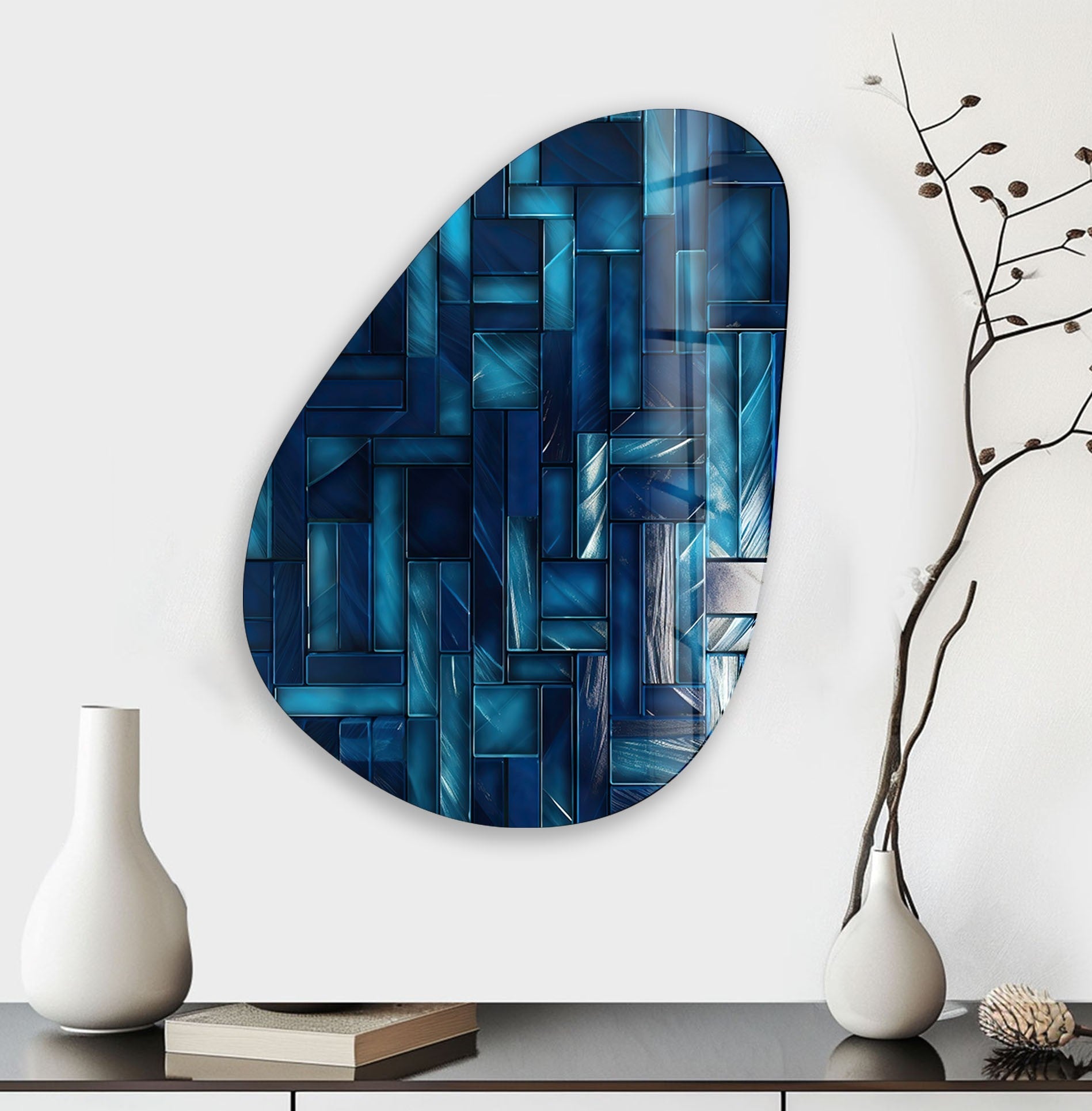 Asymmetrical Oval Navy Blue Lines Glass Wall Art - Modern Abstract Home Decor for Living Room, Bedroom & Office - Handmade Glass Wall Hanging for Unique Interior Design