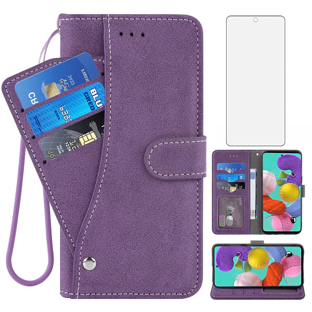 ASUWISH Samsung Galaxy A51 4G Wallet Case with Tempered Glass Screen Protector - Flip Cover with Card Slots & Kickstand - Compatible with Galaxy A51/A515F/M40S (Purple) - Protective Phone Case for Business, Travel & Everyday Use - Perfect for Office, Commuting and Outdoor Activities