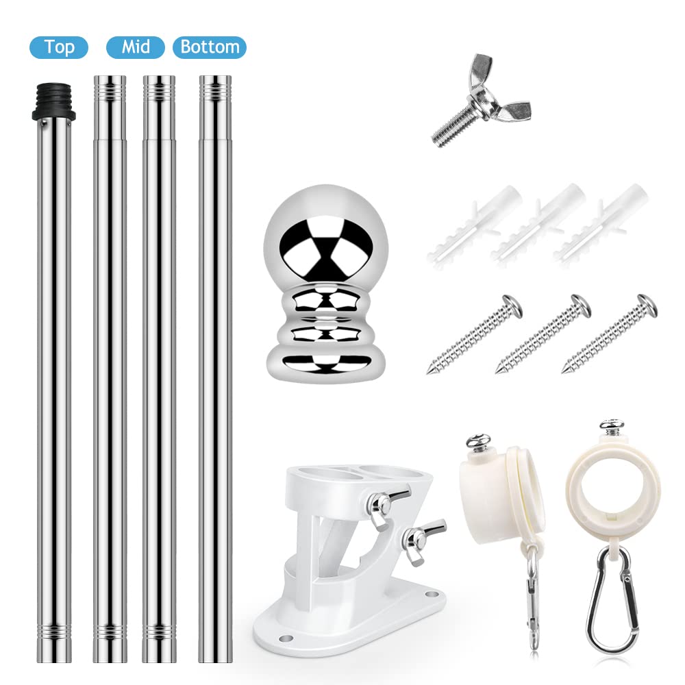 5ft Stainless Steel Outdoor Flag Pole Kit with Bracket & Rings - Wall Mounted for House, Yard, Garden - Durable Residential & Commercial Use (Silver) | Perfect for Patriotic Displays, Sports Events & Business Branding