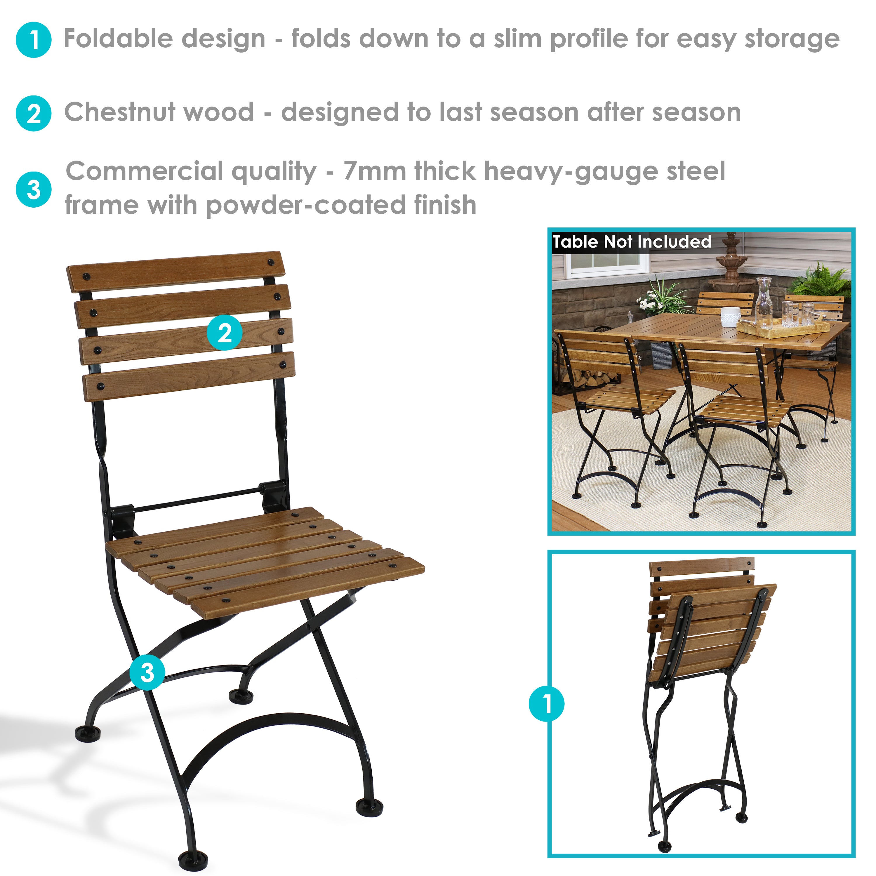 Sunnydaze European Chestnut Wooden Folding Bistro Side Chair - Patio, Garden, Balcony & Outdoor Dining Furniture - Compact & Space-Saving Design