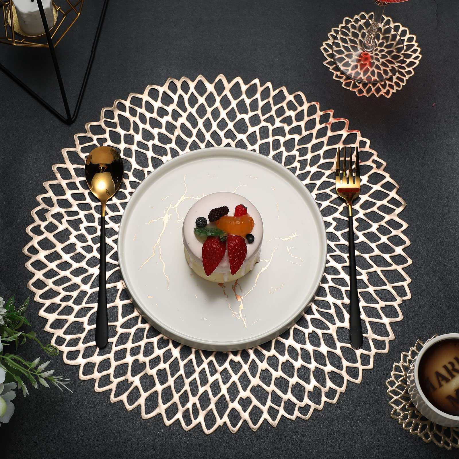 Gold Round Pressed Vinyl Placemats and Coasters Set - 24 Pcs Metallic Table Mats for Wedding, Dinner Party, and Home Decor - Elegant Hollow Design for Formal Dining and Holiday Entertaining