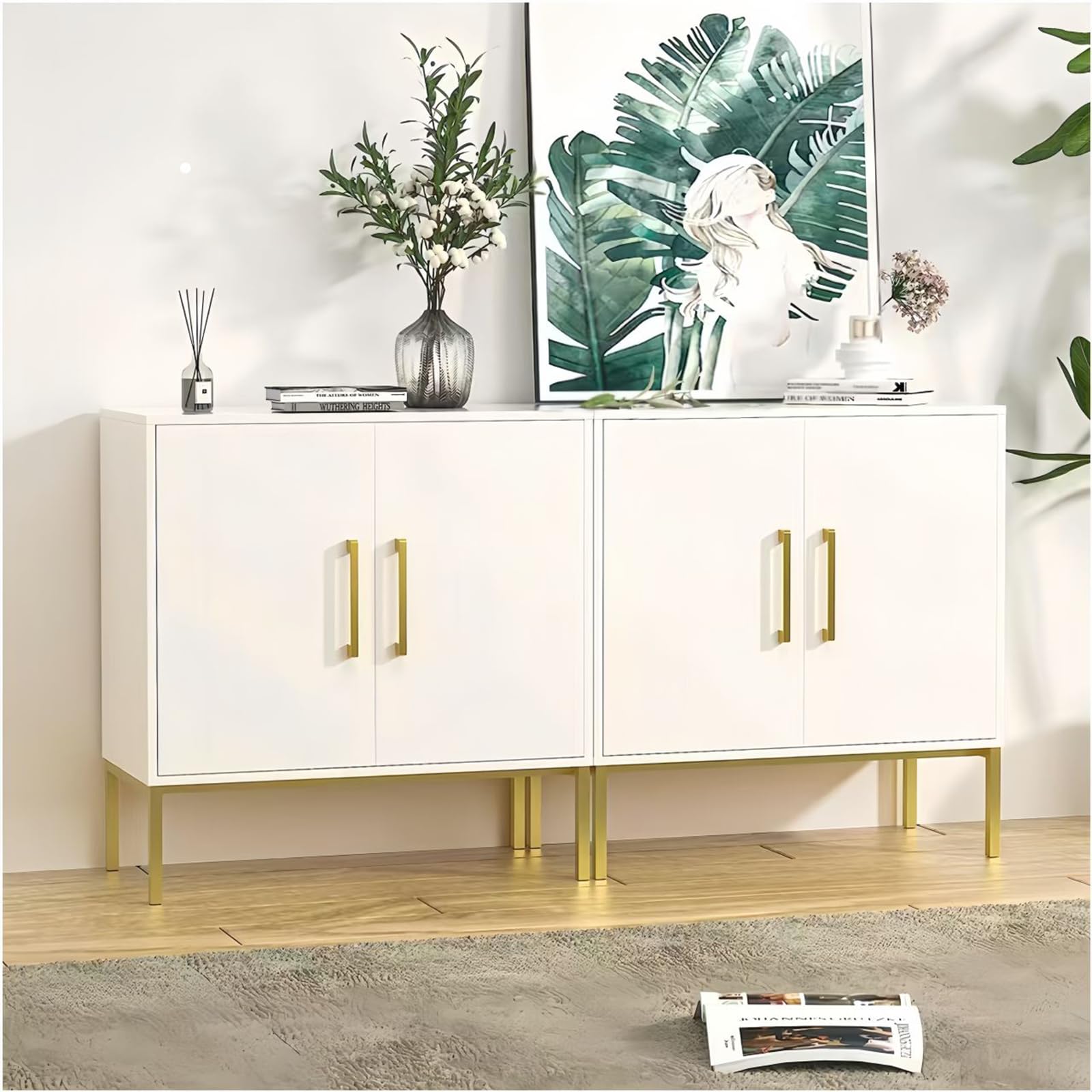 LYNSOM 2-Piece White Accent Storage Cabinet Set with Doors & Adjustable Shelves - Freestanding Office Cabinet, Modern Sideboard Buffet Table for Dining Room, Living Room, Hallway - Perfect for Home Organization & Stylish Storage Solutions