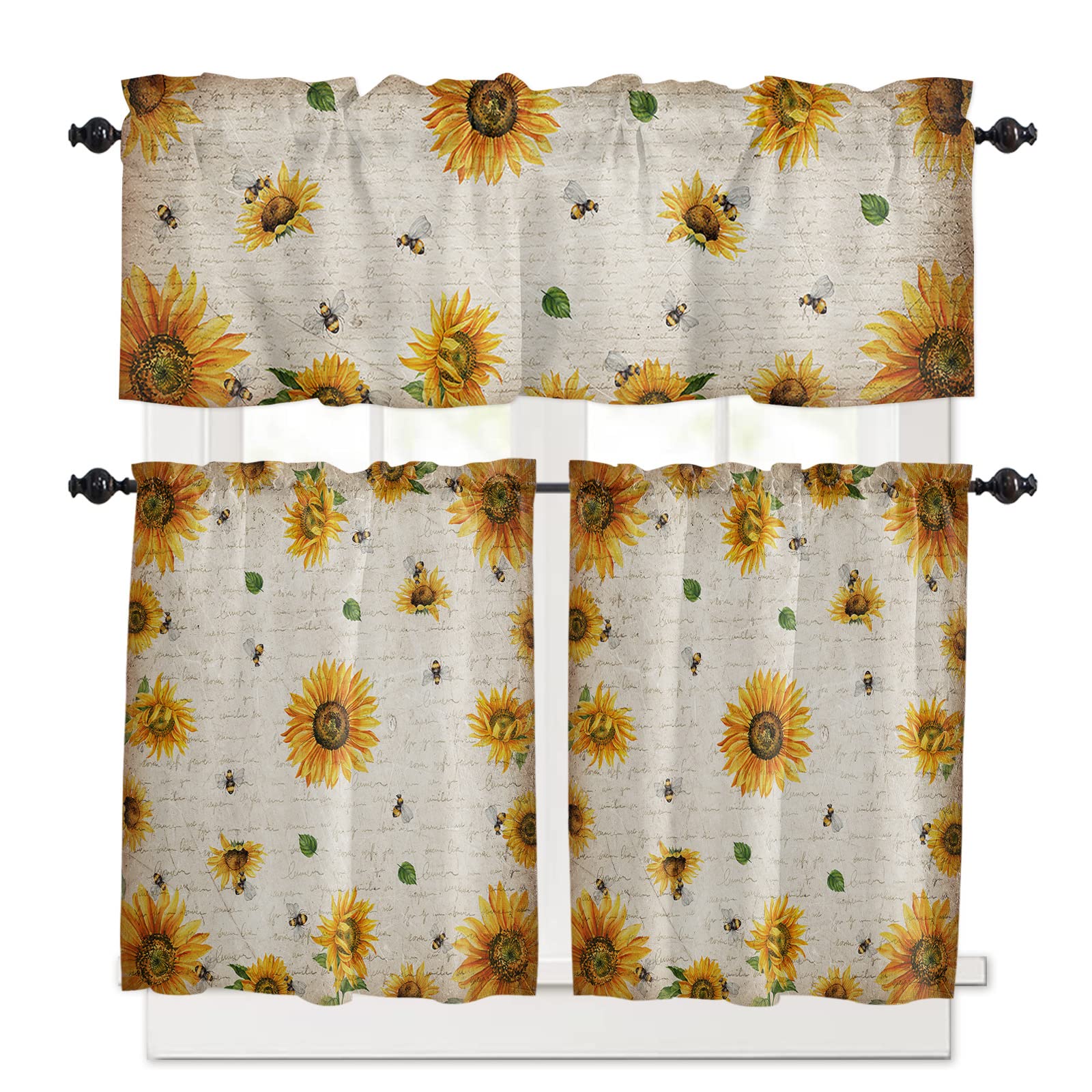 Sunflower Kitchen Curtains 3-Piece Set with Rod Pocket - 36 Inch Length Vintage Farmhouse Floral Window Treatment for Living Room, Bedroom & Bathroom - Perfect for Rustic Home Decor and Cozy Kitchen Ambiance