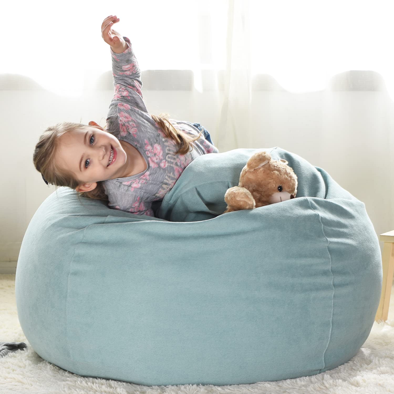 YuppieLife Extra Large Stuffed Animal Storage Bean Bag Chair Cover - 27'' Mint Green, Kids Toy Organizer & Bean Bag Chair for Playroom, Bedroom, and Dorm Organization