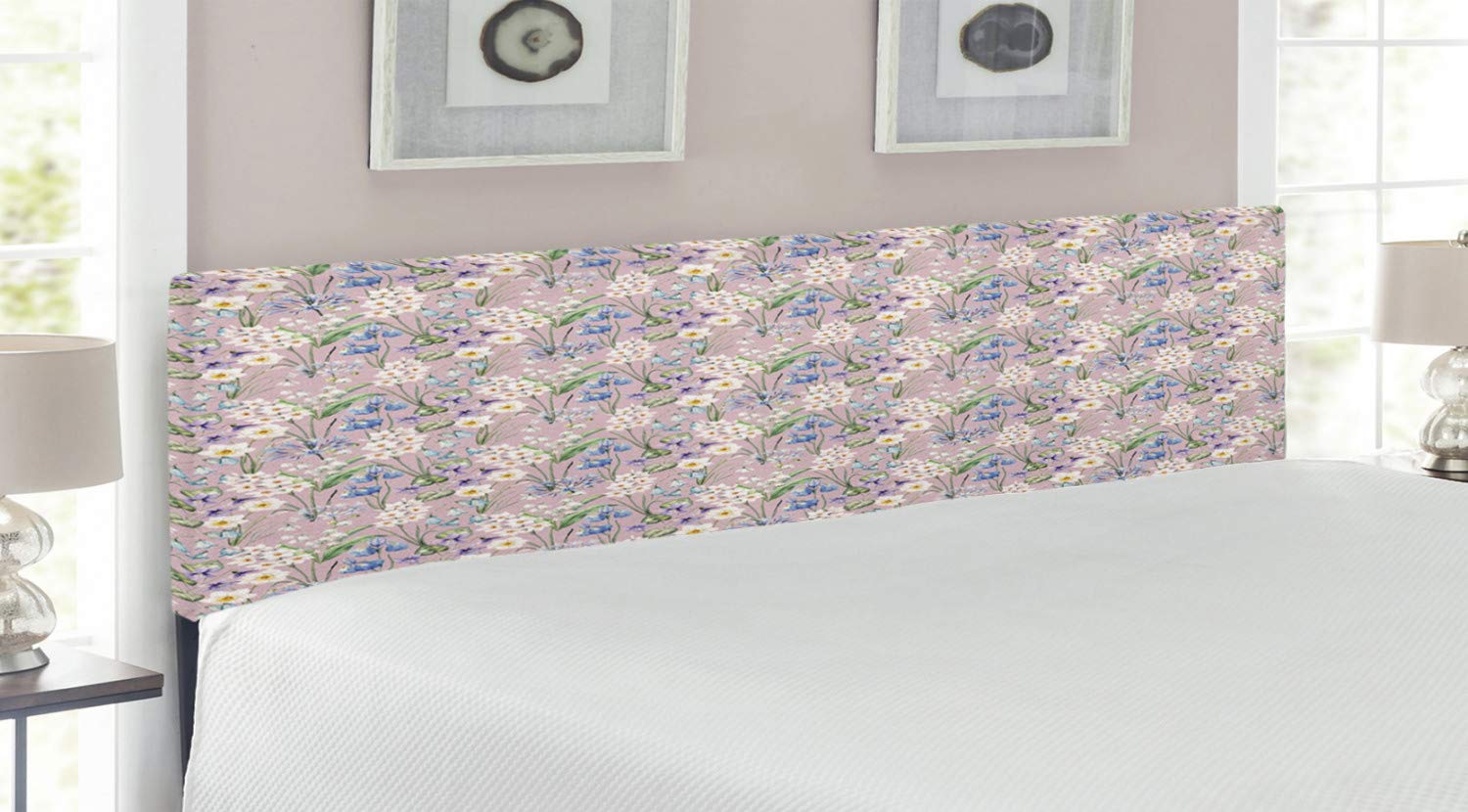 Ambesonne Floral Headboard - King Size Upholstered Metal Bed Frame with Memory Foam | Spring Summer Farmhouse Decor in Lilac Blue & White | Perfect for Master Bedroom, Guest Room & Farmhouse Style Homes