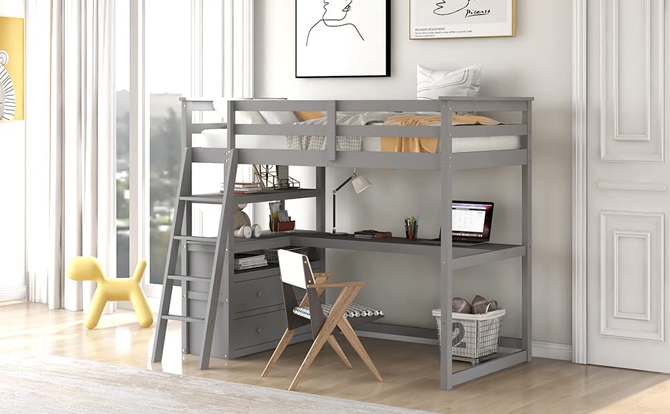 Harper & Bright Designs Twin Size Loft Bed with Desk & Shelves for Kids - Space Saving Study Bed with 2 Built-in Drawers, Gray - Perfect for Small Bedrooms, Dorm Rooms & Kids Study Areas