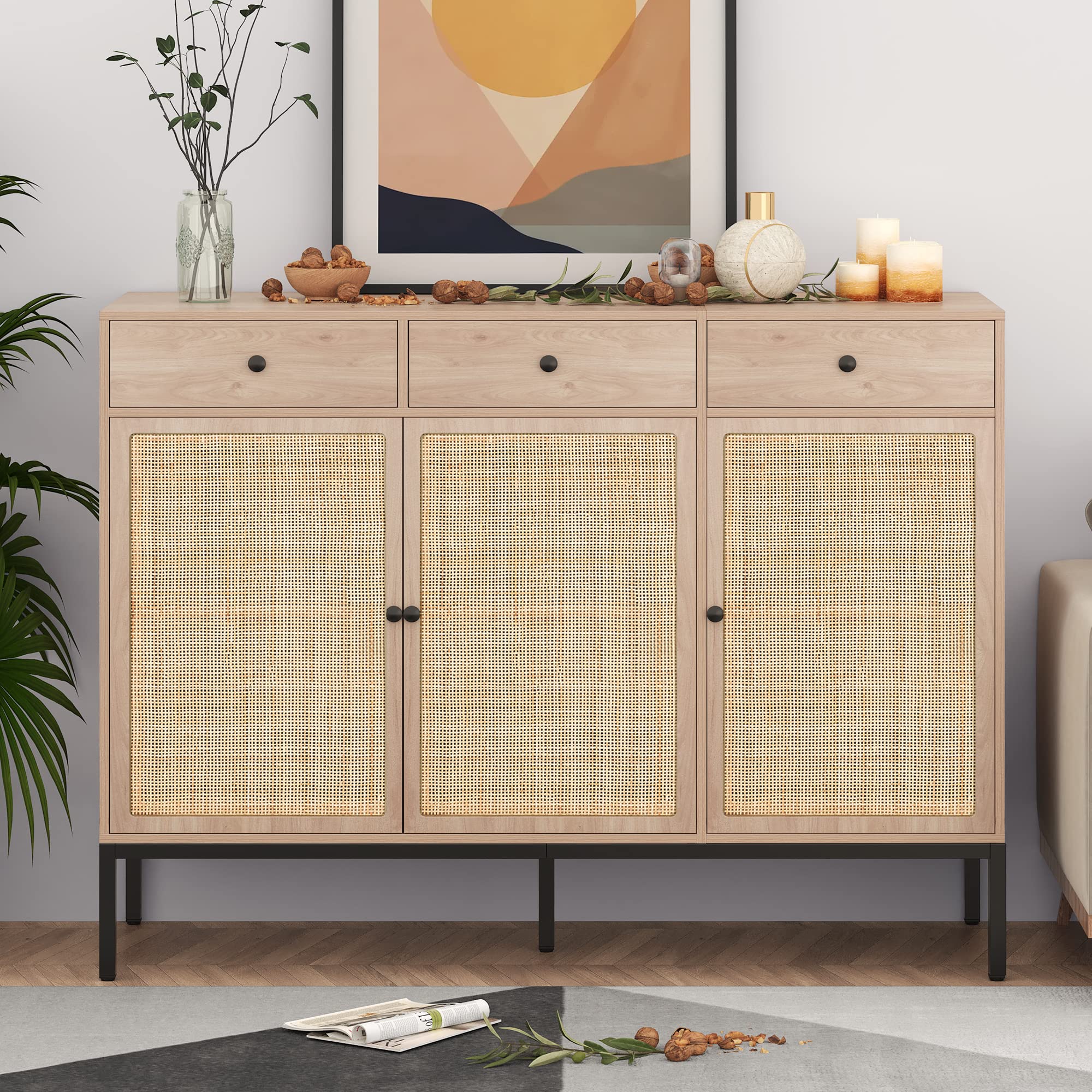 Handmade Rattan Sideboard Cabinet with Natural Decorated Doors & 3 Drawers - Accent Buffet Console Table with Metal Legs for Living Room, Hallway, Entryway - Perfect for Farmhouse Decor & Dining Room Storage