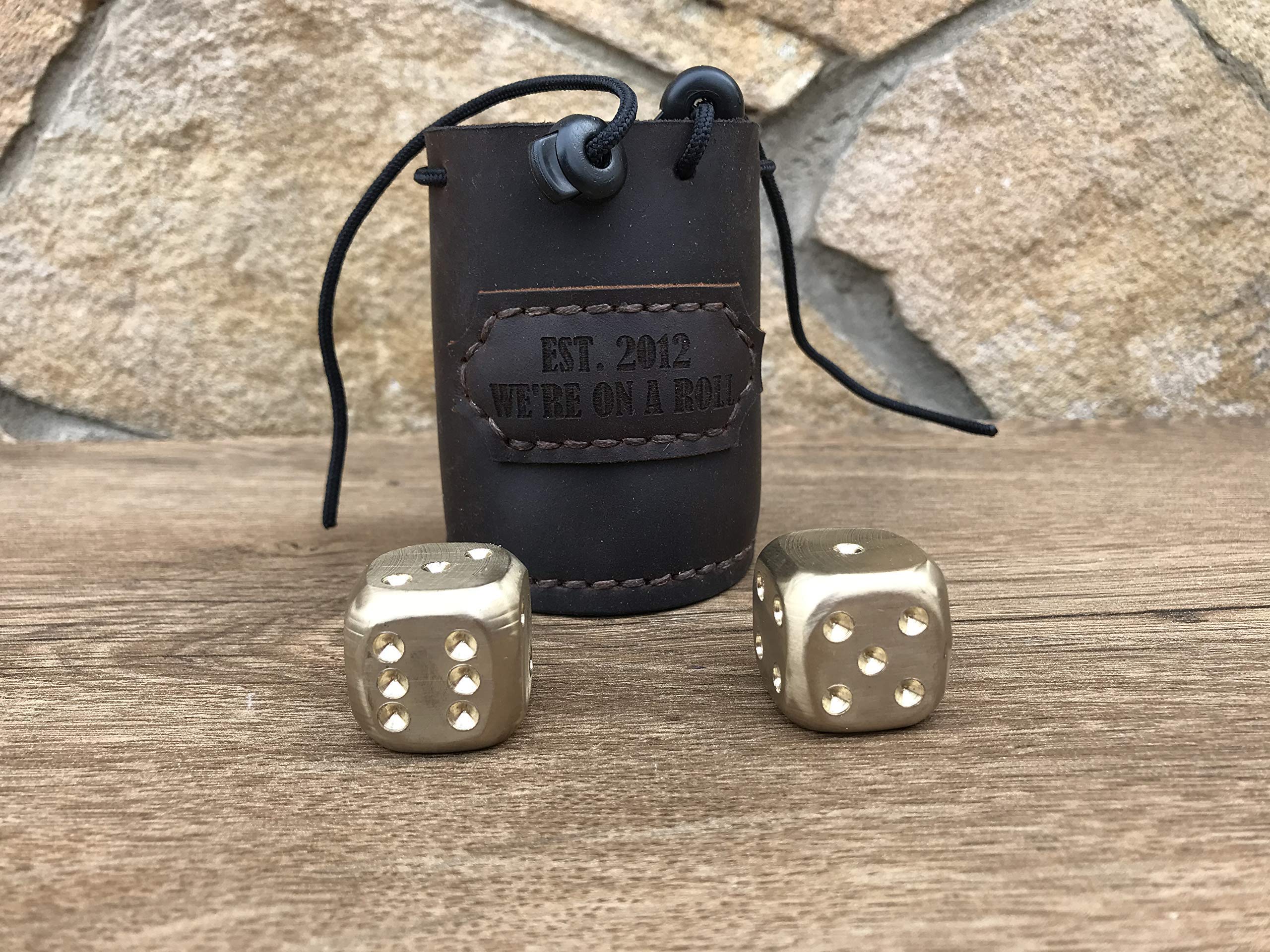 Handcrafted Bronze Dice Set in Premium Leather Bag - Personalized Engraved 8th & 19th Anniversary Gift for Him/Her - Perfect for Tabletop RPG Games, Casino Nights & Special Occasions