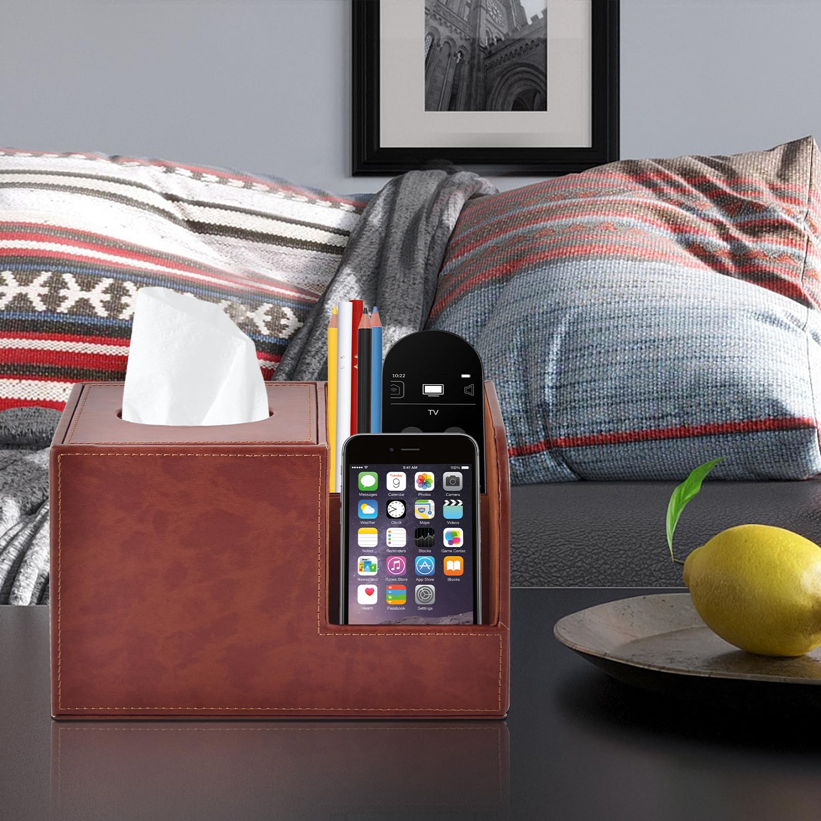 PU Leather Square Tissue Box Cover with Storage - Multifunctional Tissue Holder & Remote Control Organizer - Decorative Home & Office Desk Accessory (Brown) - Perfect for Living Room, Bedroom, and Workspace Organization