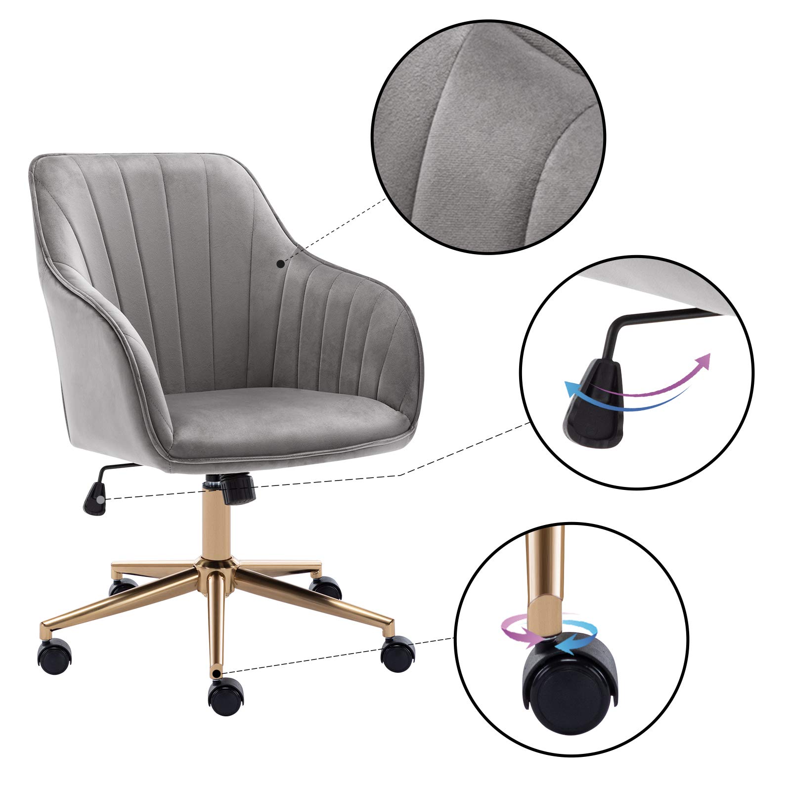 DUHOME Velvet Upholstered Office Chair - Adjustable Height Swivel Rolling Task Chair with Gold Metal Base - Ergonomic Computer Desk Chair for Home Office, Study & Gaming - Grey Modern Workspace Seating