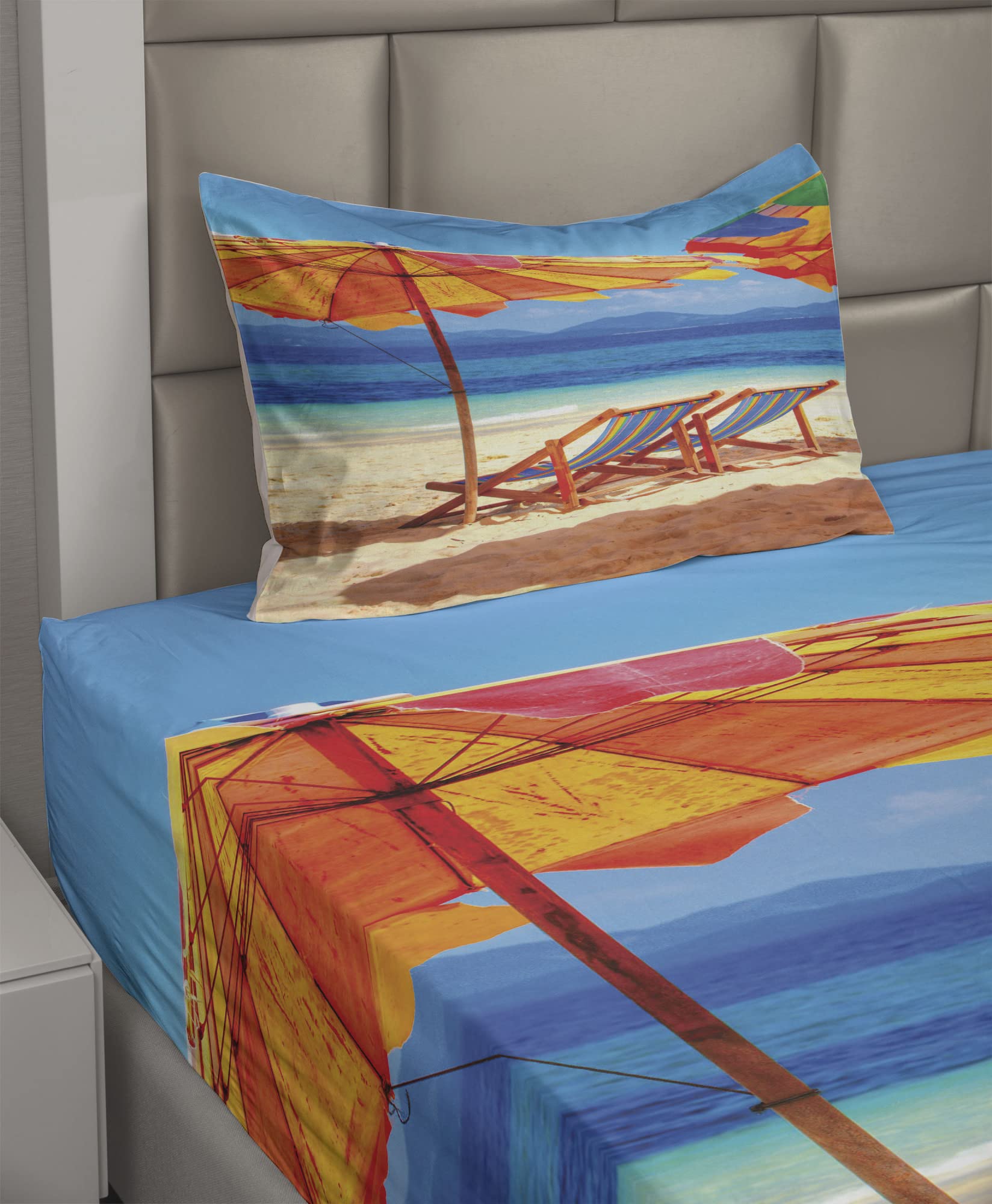 Ambesonne 3-Piece Twin XL Sheet Set - Tropical Beach Theme with Deck Chairs & Thailand Sea View, Orange & Blue Fitted & Flat Sheets with Pillowcases | Perfect for Coastal Bedrooms, Vacation Homes & Beach-Themed Decor
